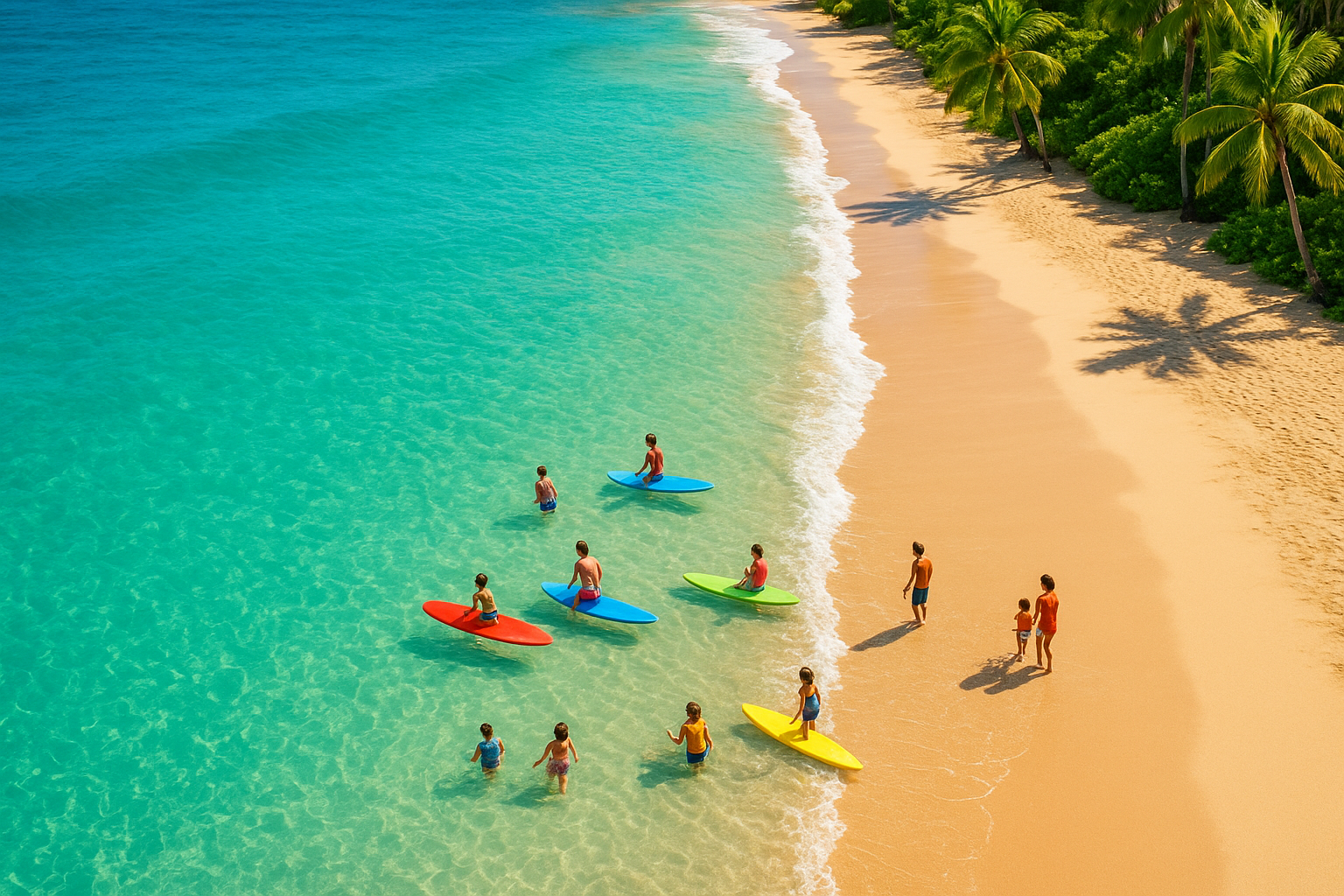 Aerial view of a calm tropical beach where families are taking surf classes in gentle waves