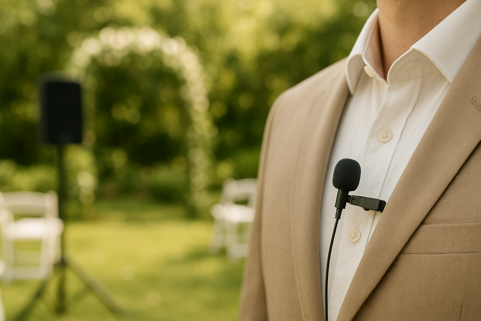 Wireless ceremony microphone and speaker prepared for an outdoor wedding ceremony