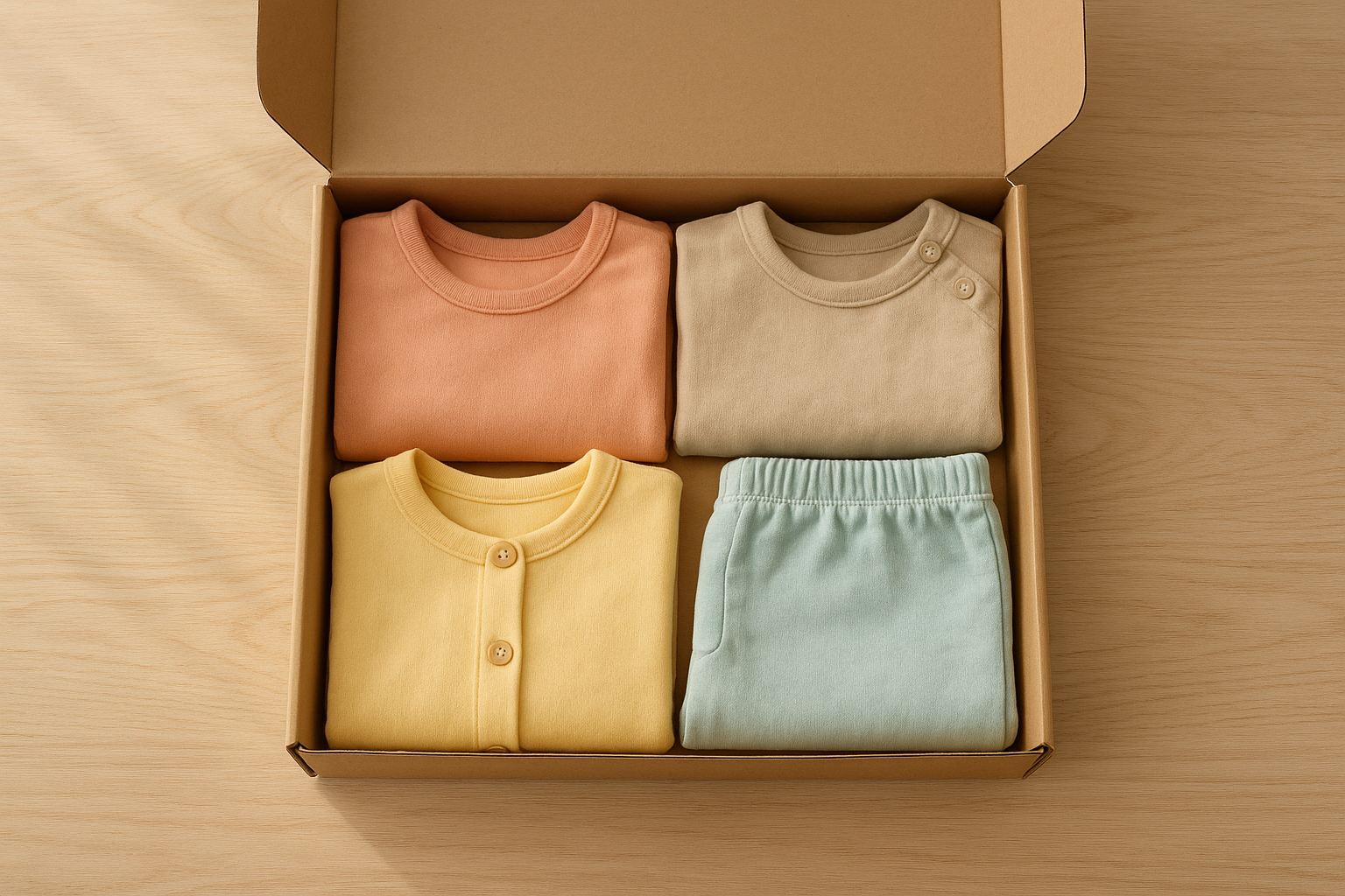 Childrens fashion membership box filled with neatly folded kids clothing