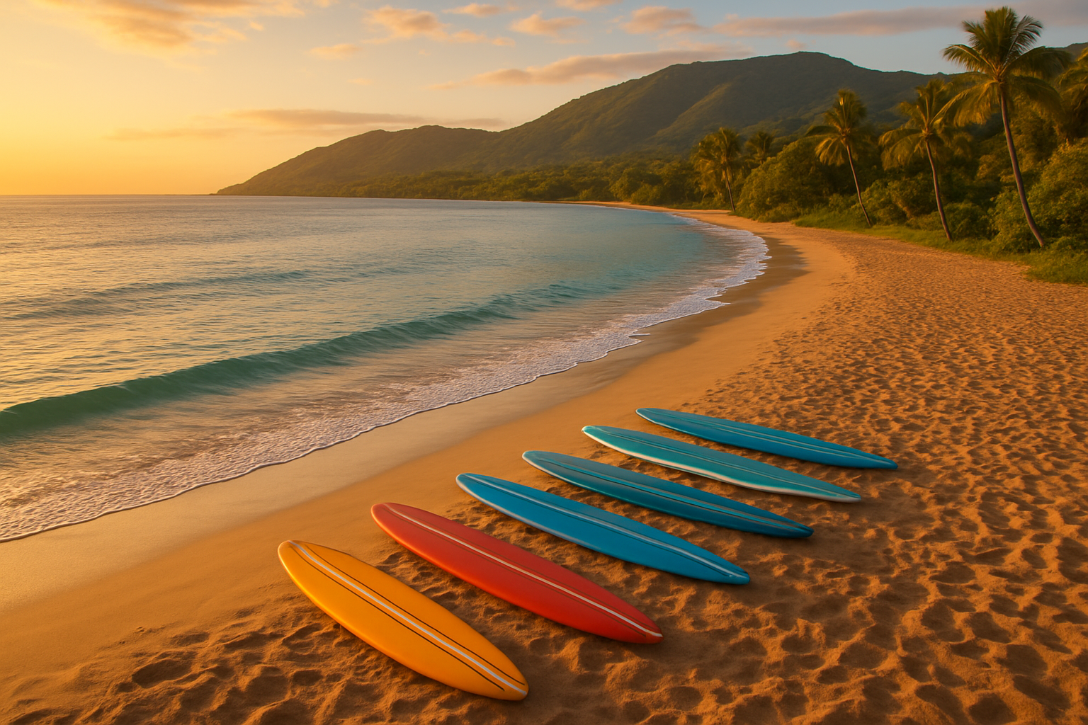 Colorful foam surfboards lined up on an Oahu beach at golden hour ready for beginner surf lessons