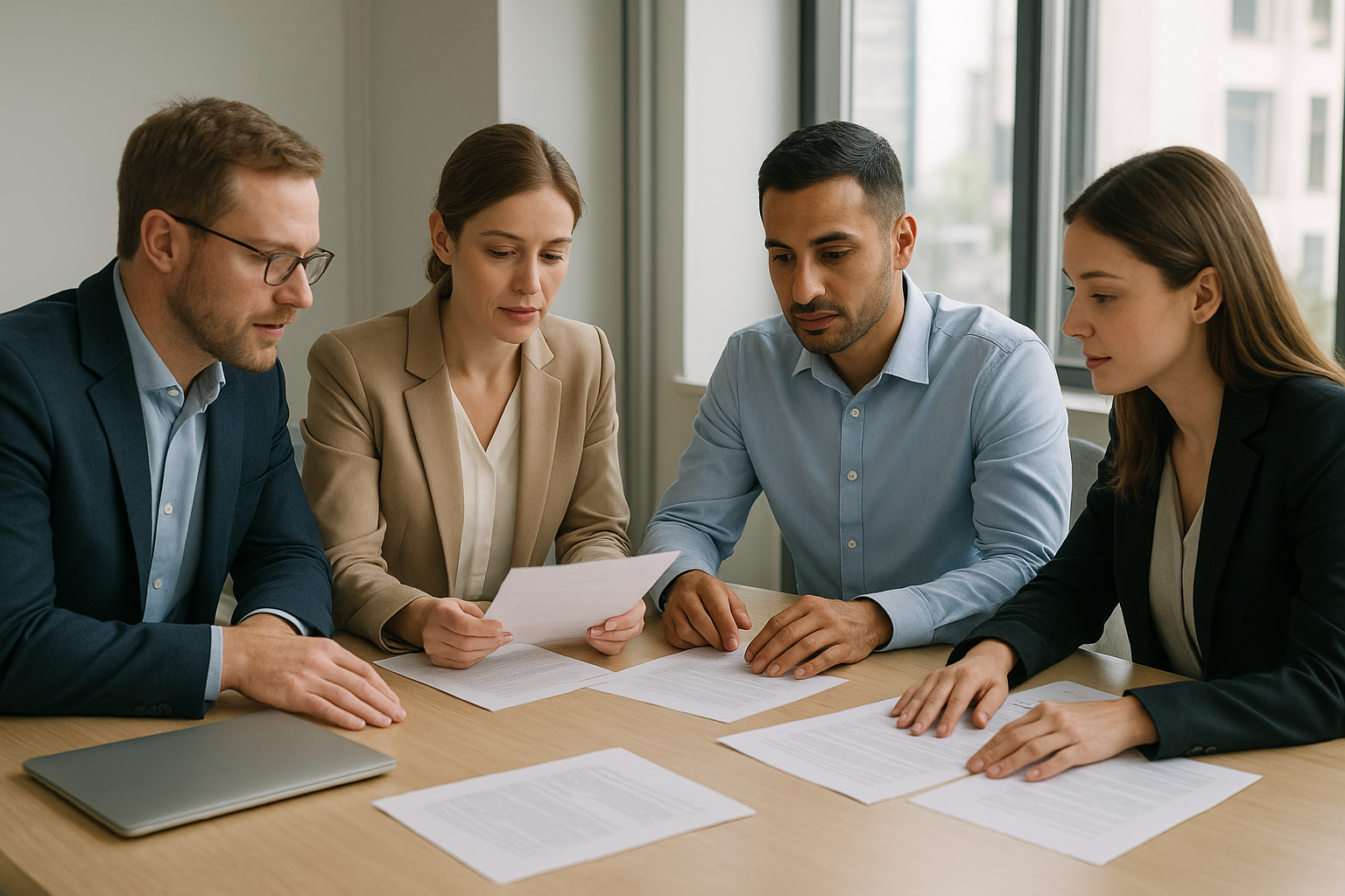 Team reviewing a compliance policy manual in an office meeting