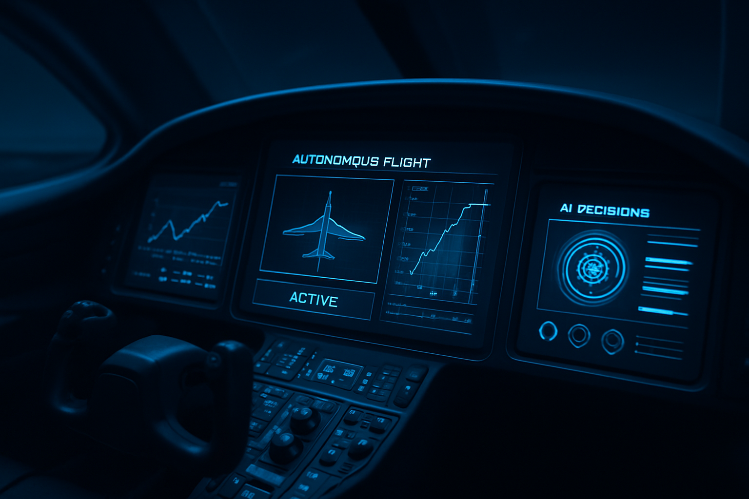 AI AutoPilot technology dashboard showing autonomous flight control and real-time data