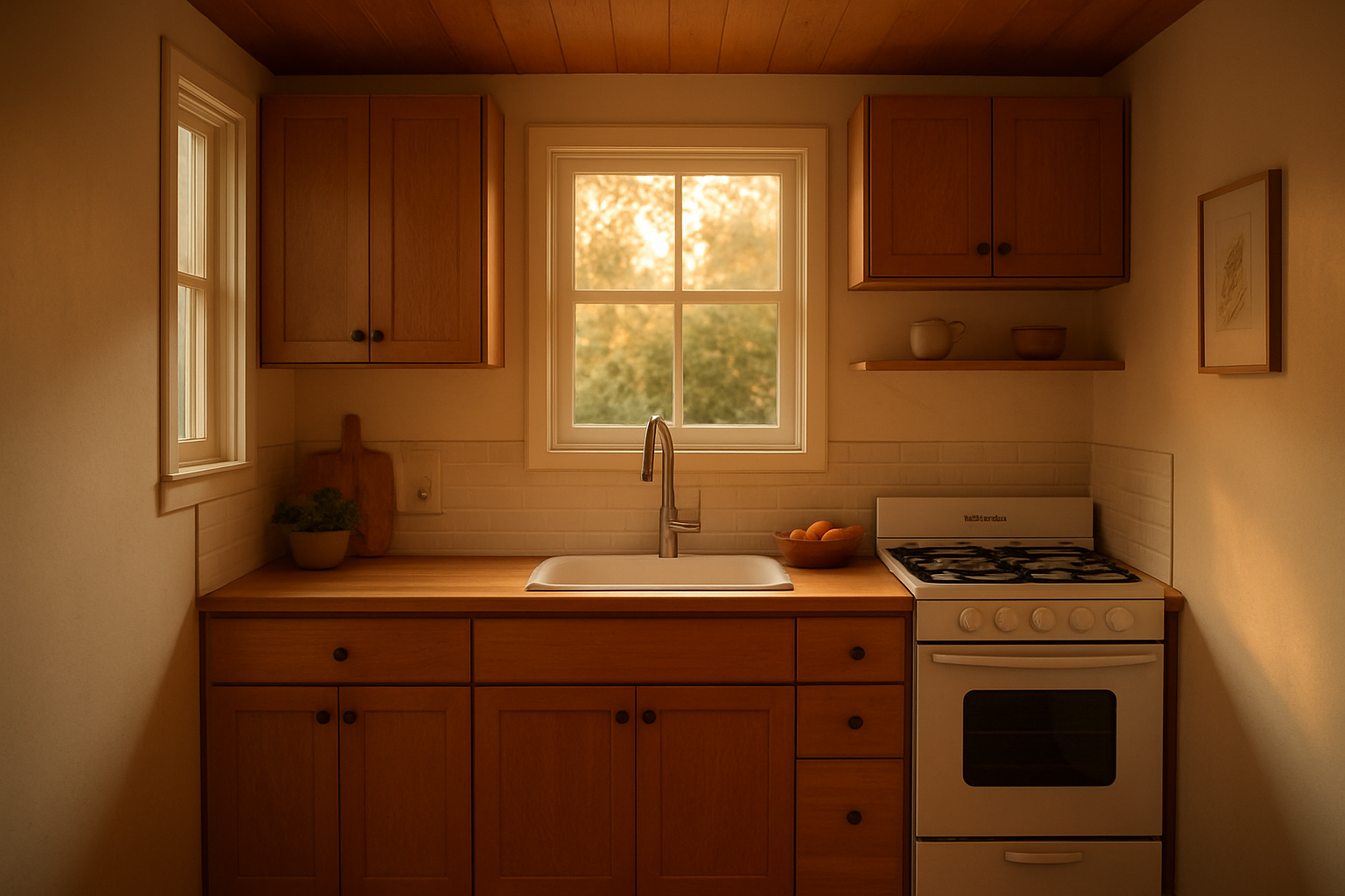 Finished new kitchen with wood cabinets inside a backyard guest house ADU