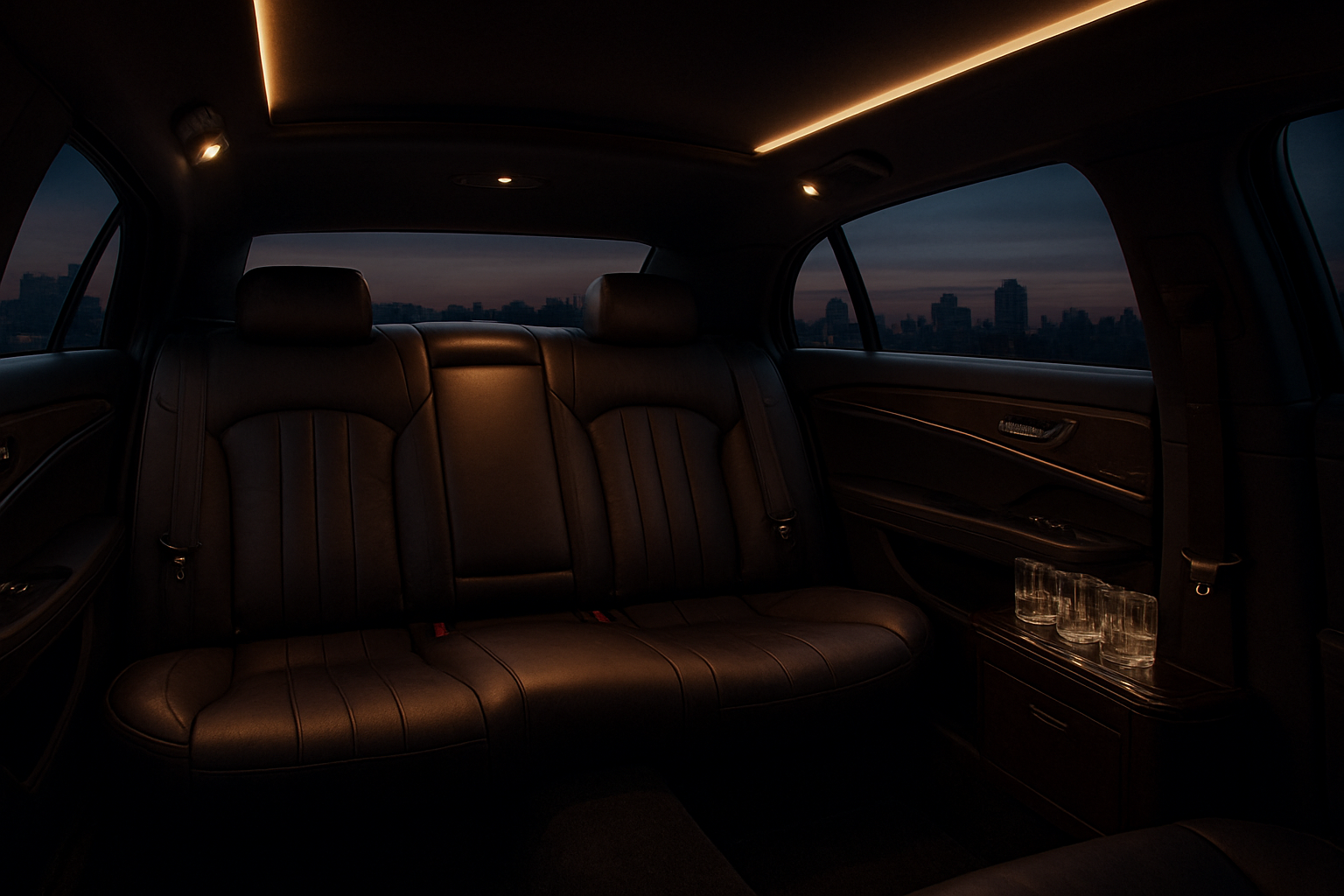 Interior of a luxury limousine used for south bay transportation during evening events