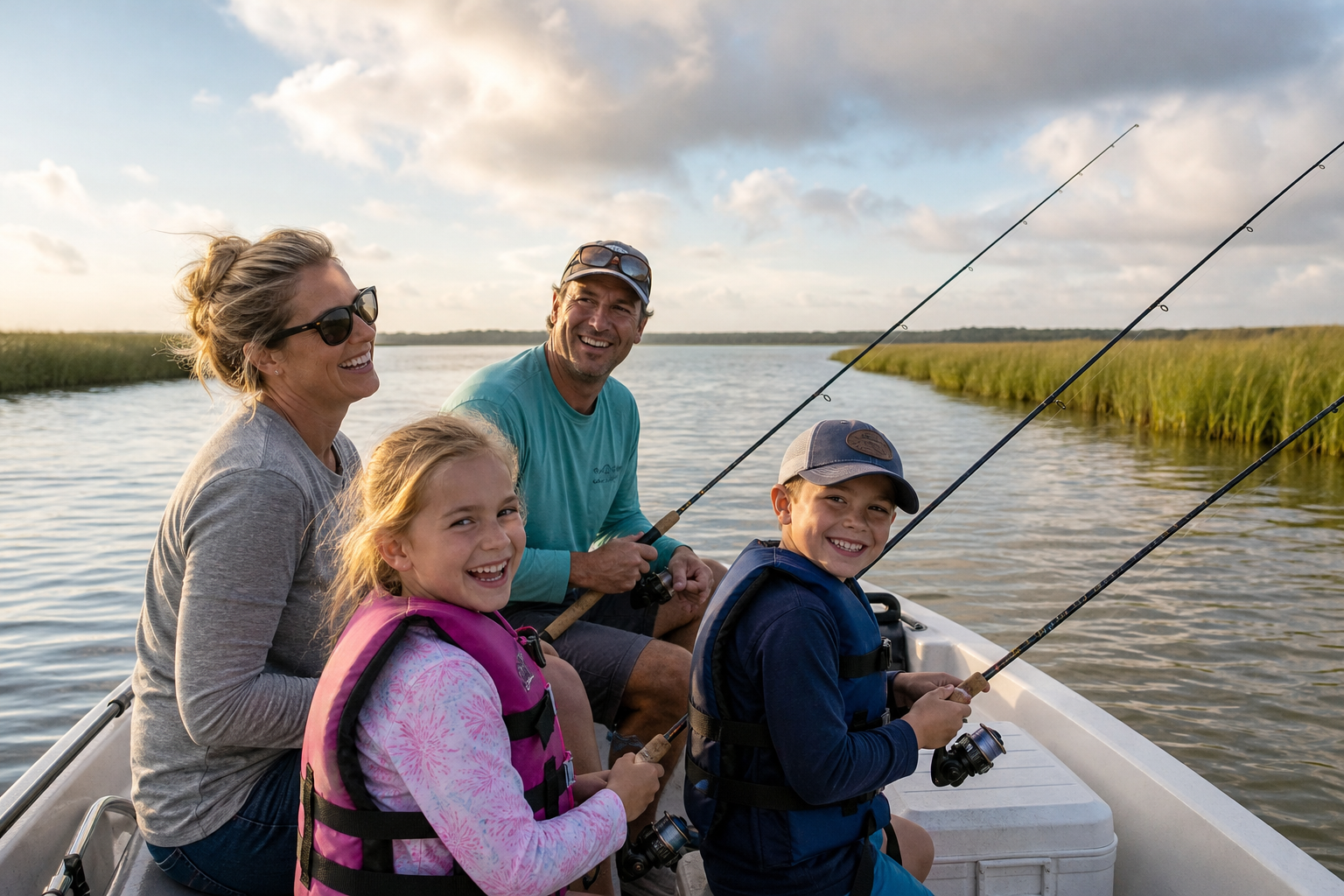 Family fishing together in a calm marsh creek during an inshore charter trip