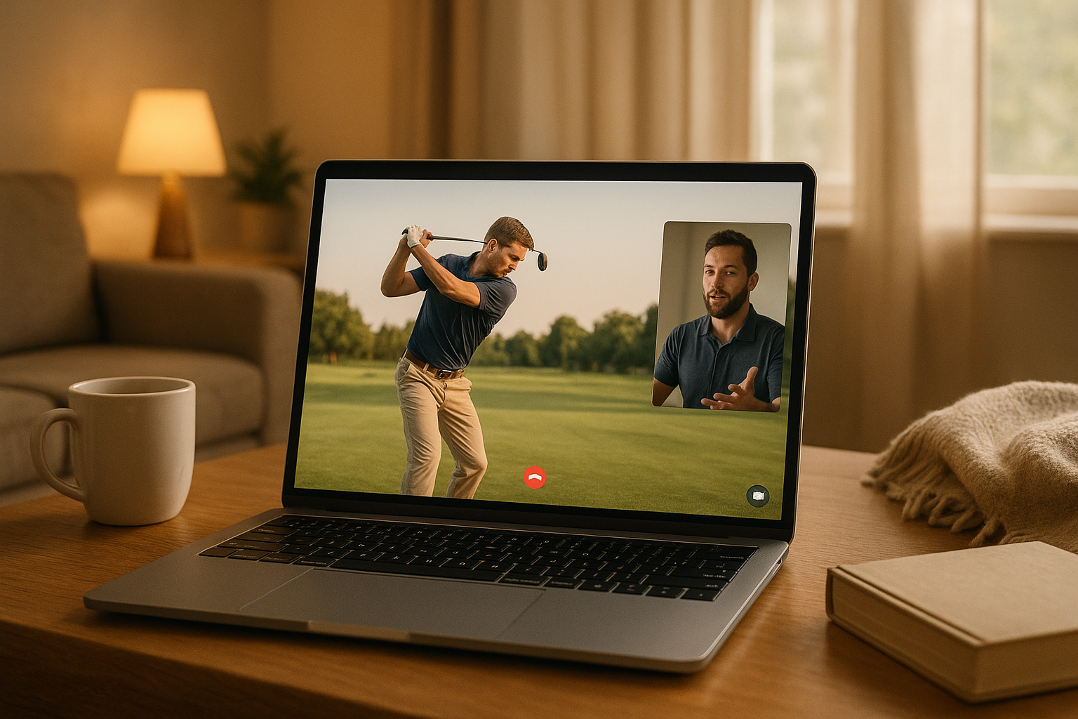 Online golf coaching session analyzing swing mechanics on a laptop screen