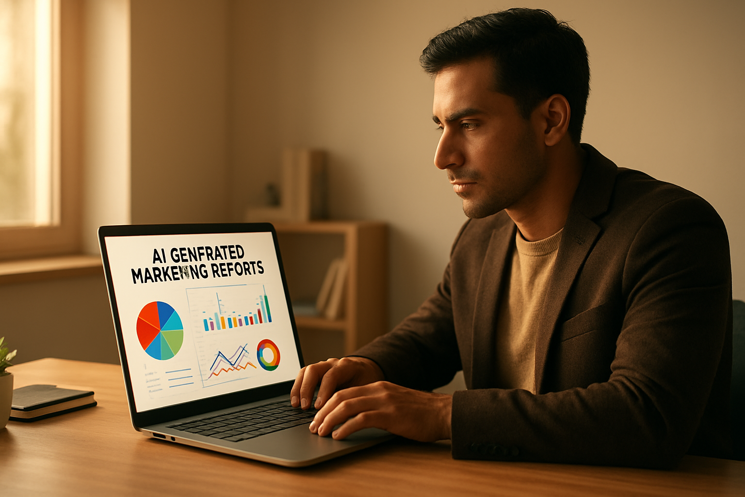 Entrepreneur analyzing AI-powered marketing automation reports on a laptop