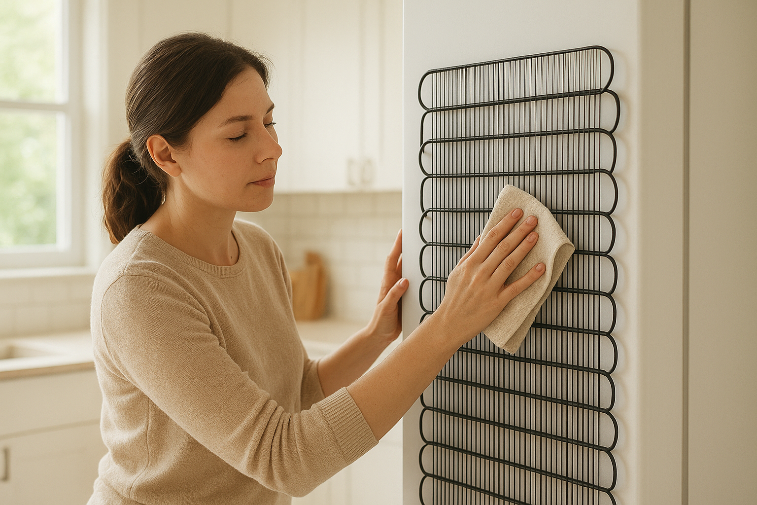 Homeowner performing fast appliance maintenance on a refrigerator in a Santa Rosa kitchen