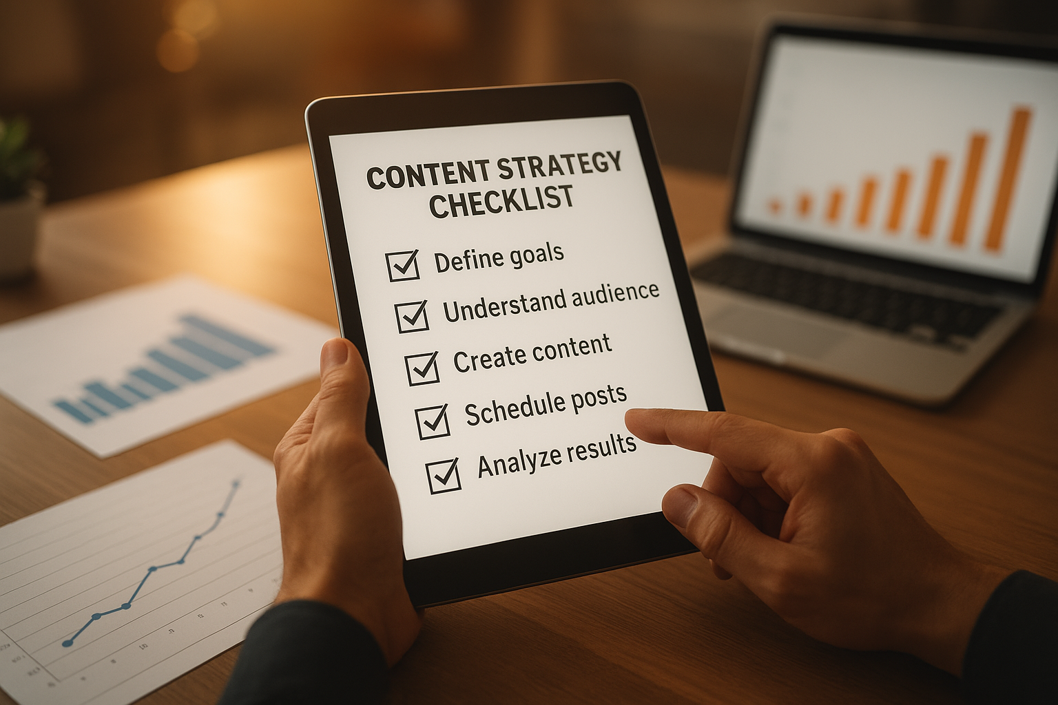 Content strategist reviewing a checklist for AI search optimization and answer engine visibility