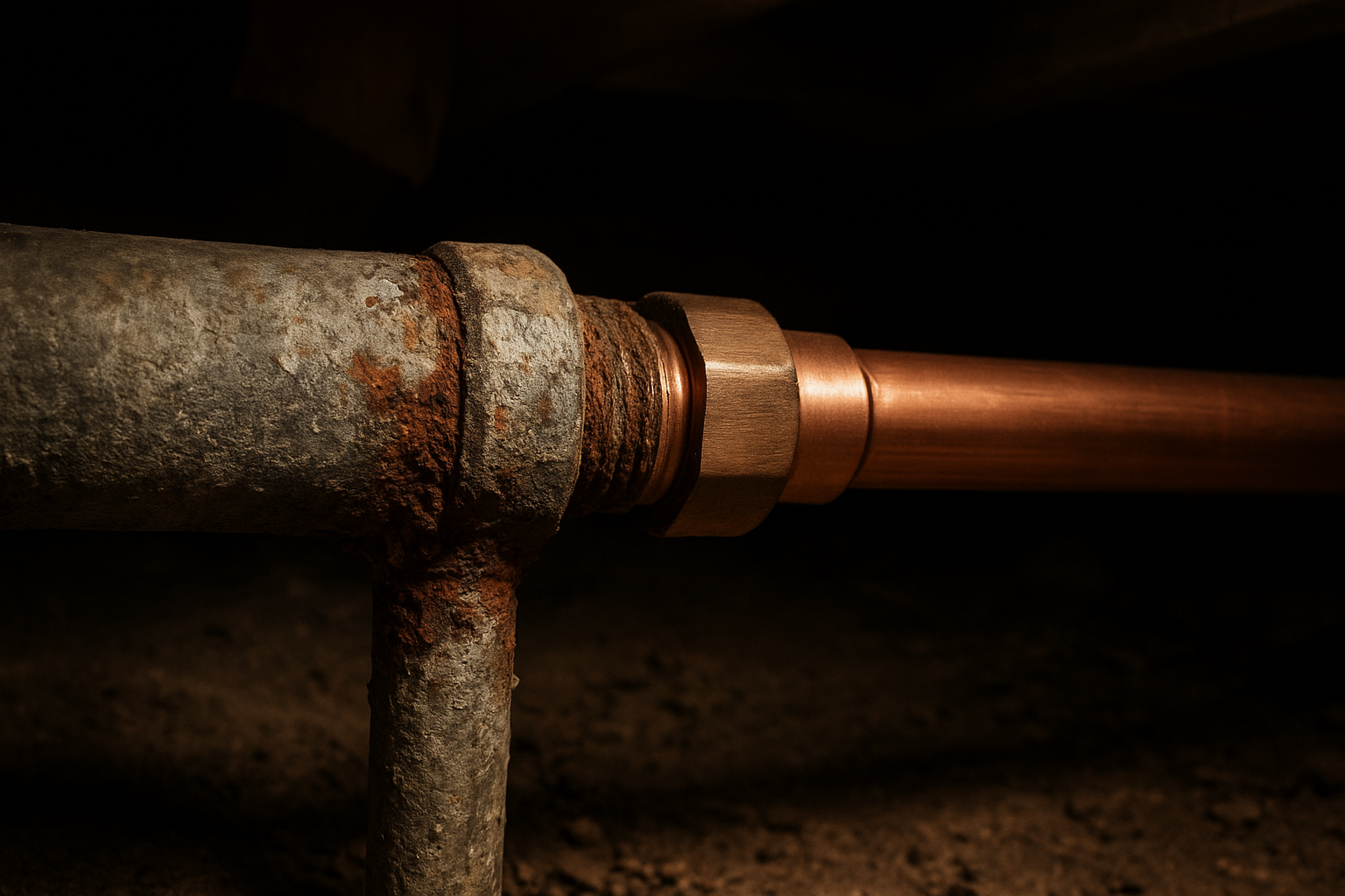 5aa91097_old-pipe-replacement-terrell Corroded galvanized pipe being replaced during a code compliance plumbing repair