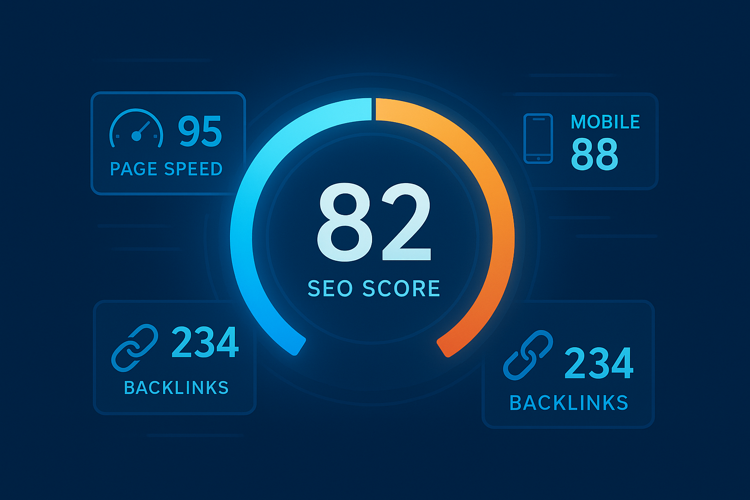 Digital dashboard showing an SEO score gauge of 82 with supporting metrics for speed and backlinks