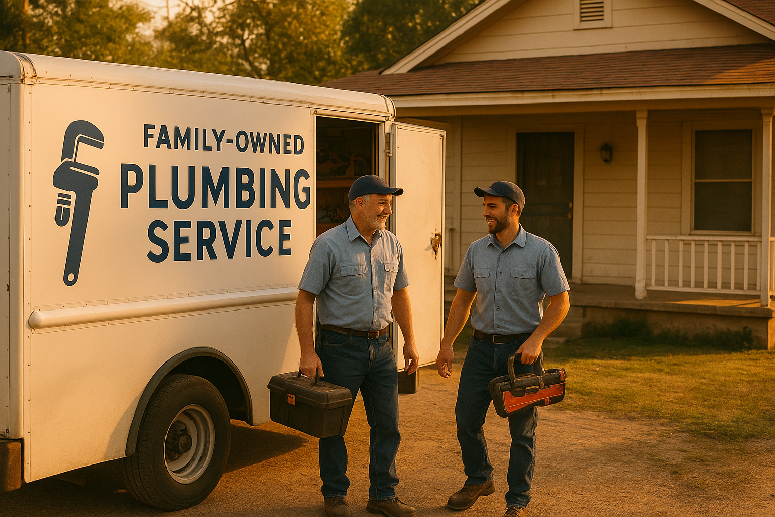 5aaf87d4_family-plumbing-team-terrell-texas Father and son plumbing team arriving at a home to provide plumbing service in Terrell Texas
