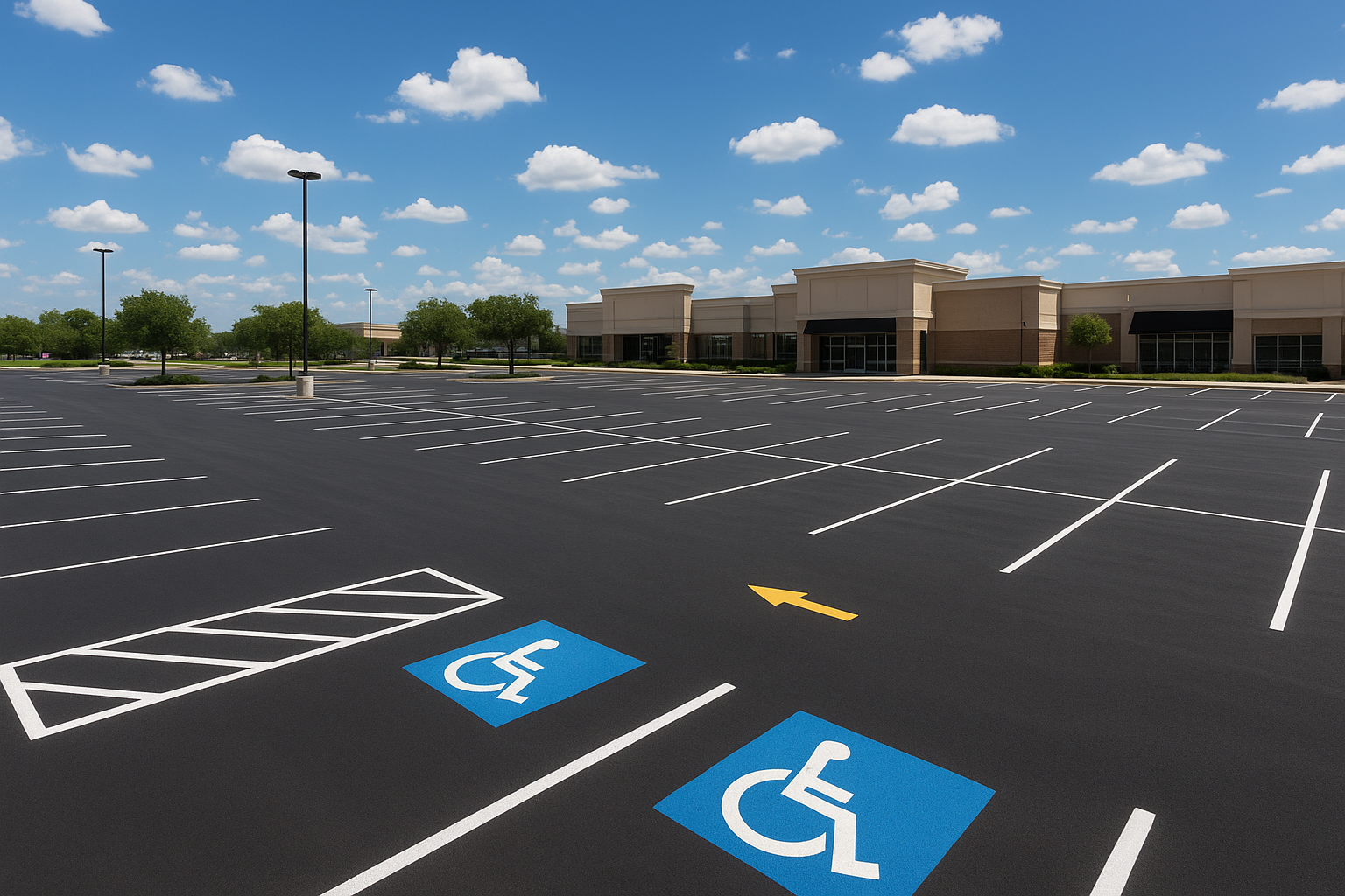 Well-organized commercial parking lot with white stall lines, ADA symbols, and directional arrows representing quality parking lot striping in DFW