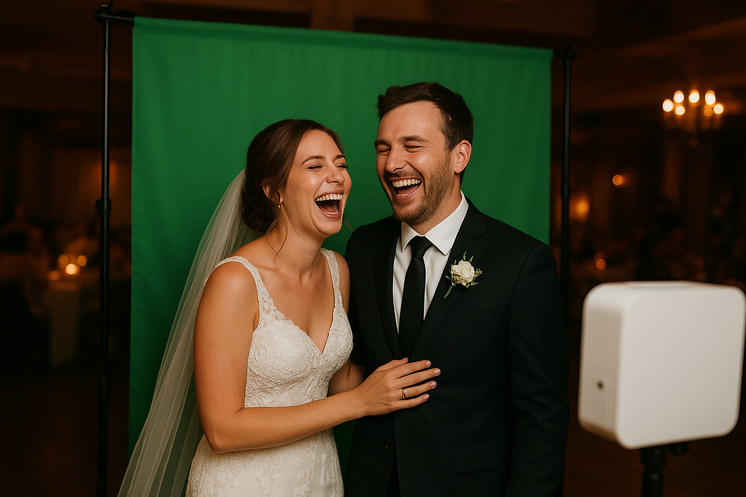 Bride and groom posing at an open air wedding photo booth with a green screen backdrop