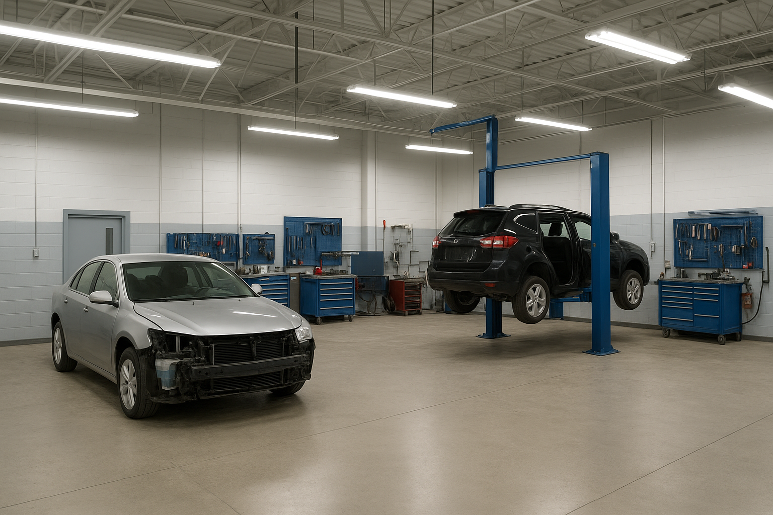 Modern collision repair shop bay with vehicles undergoing certified auto body restoration