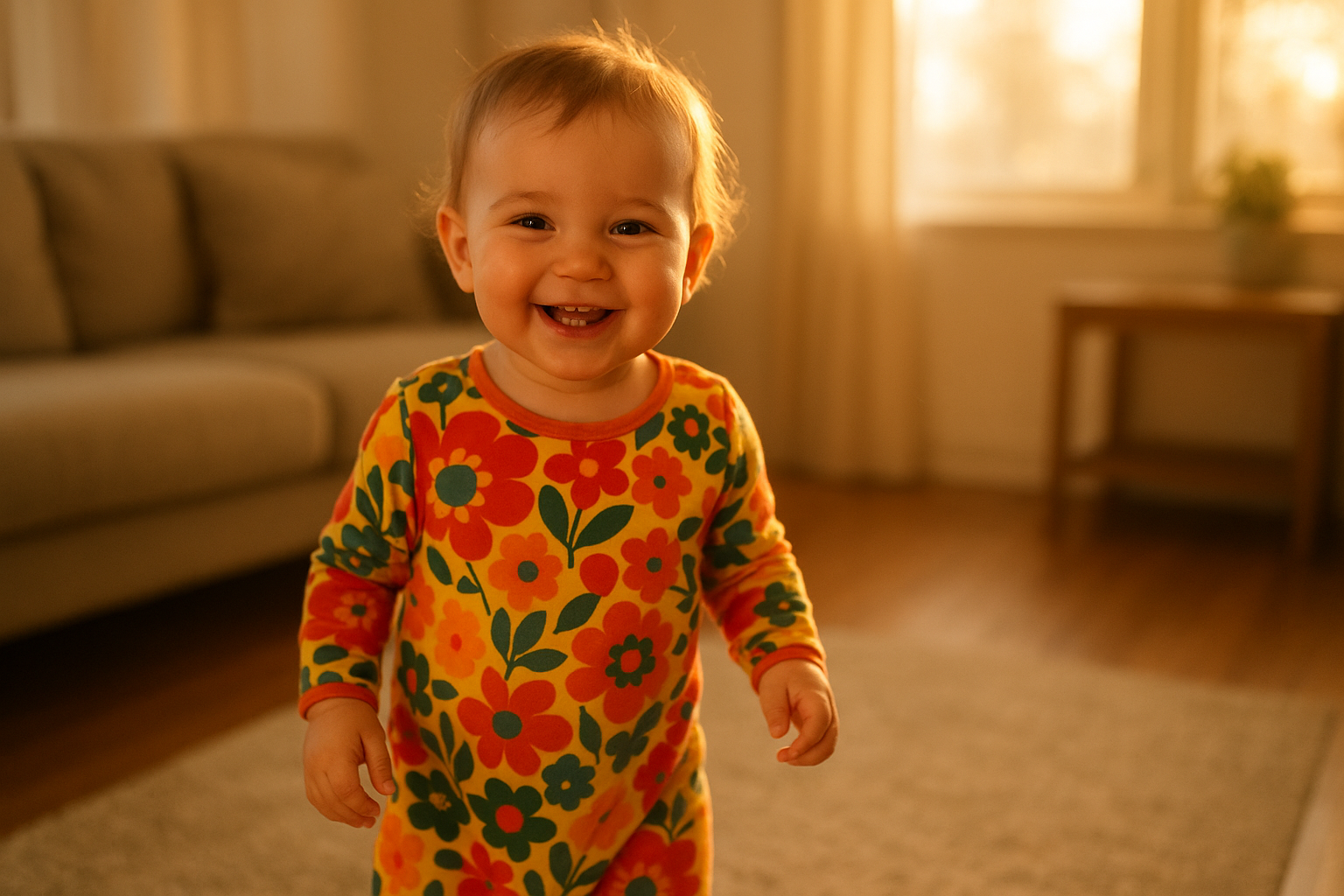 happy toddler wearing outfit received from a children's clothing rental subscription
