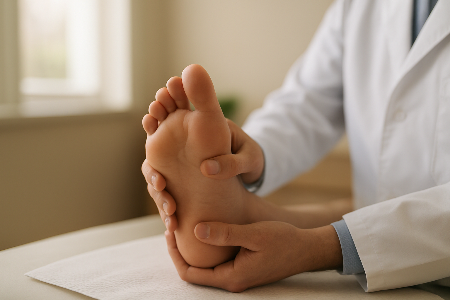 Podiatrist examining a patient's foot to diagnose chronic foot pain solutions