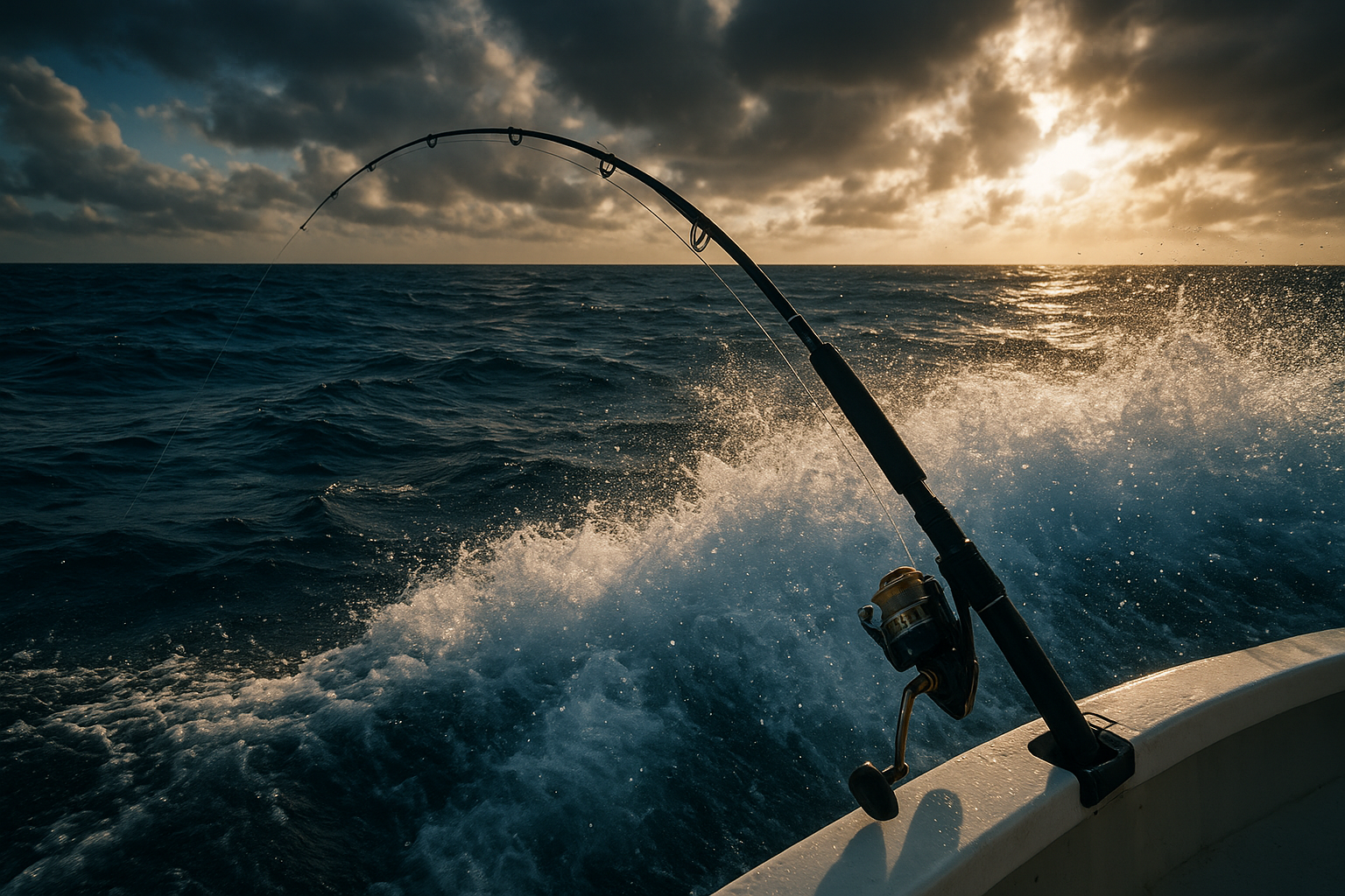 Angler fighting a fish offshore using advanced trolling techniques near the Gulf Stream
