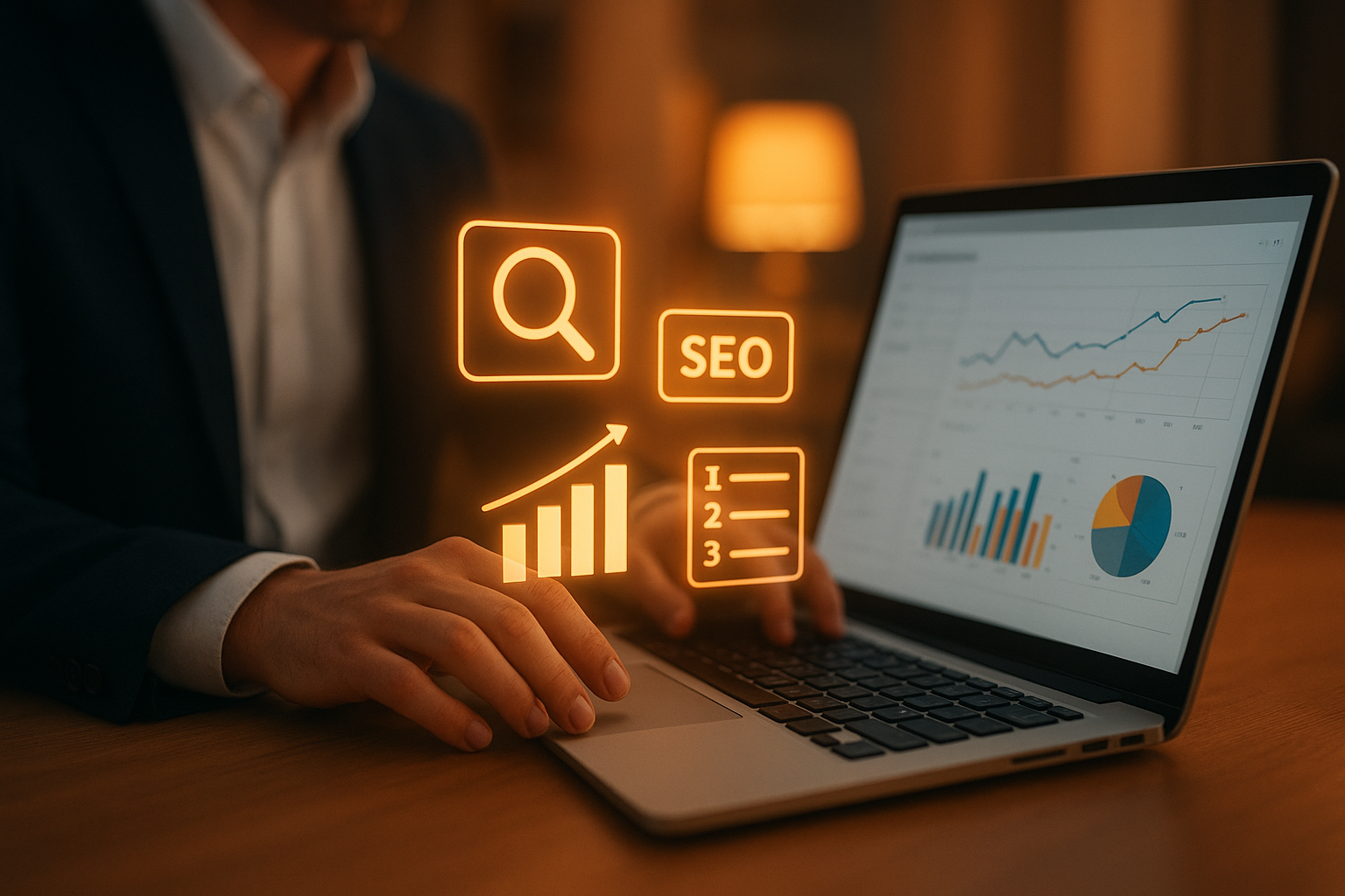 Professional reviewing next-gen search tools analytics on a laptop screen
