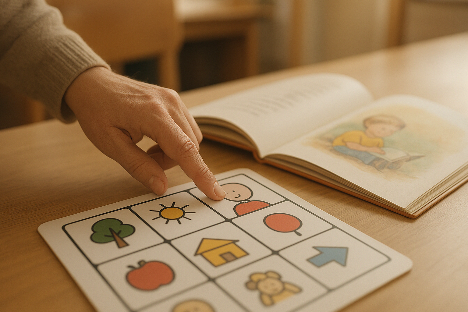 Adult modeling a core word on an AAC communication board beside an open core vocabulary storybook page