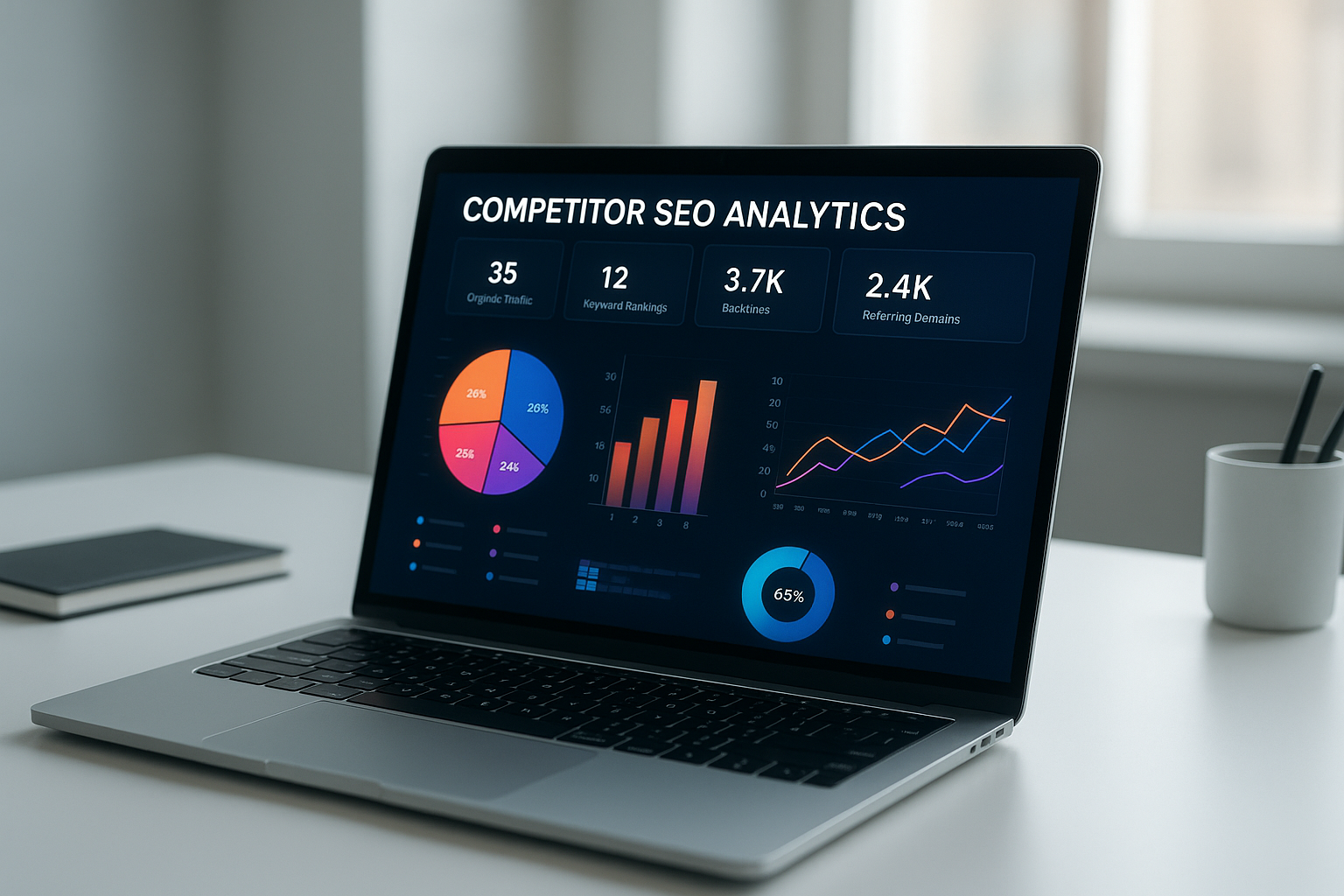 Dashboard showing automated SEO competitor analysis data on a laptop screen