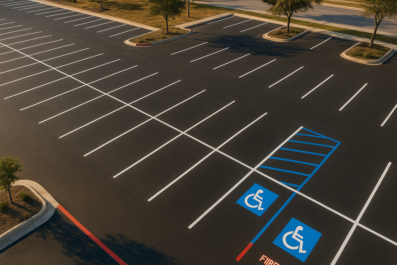 Aerial view of parking lot striping DFW with ADA spaces and fire lane markings on Texas commercial property