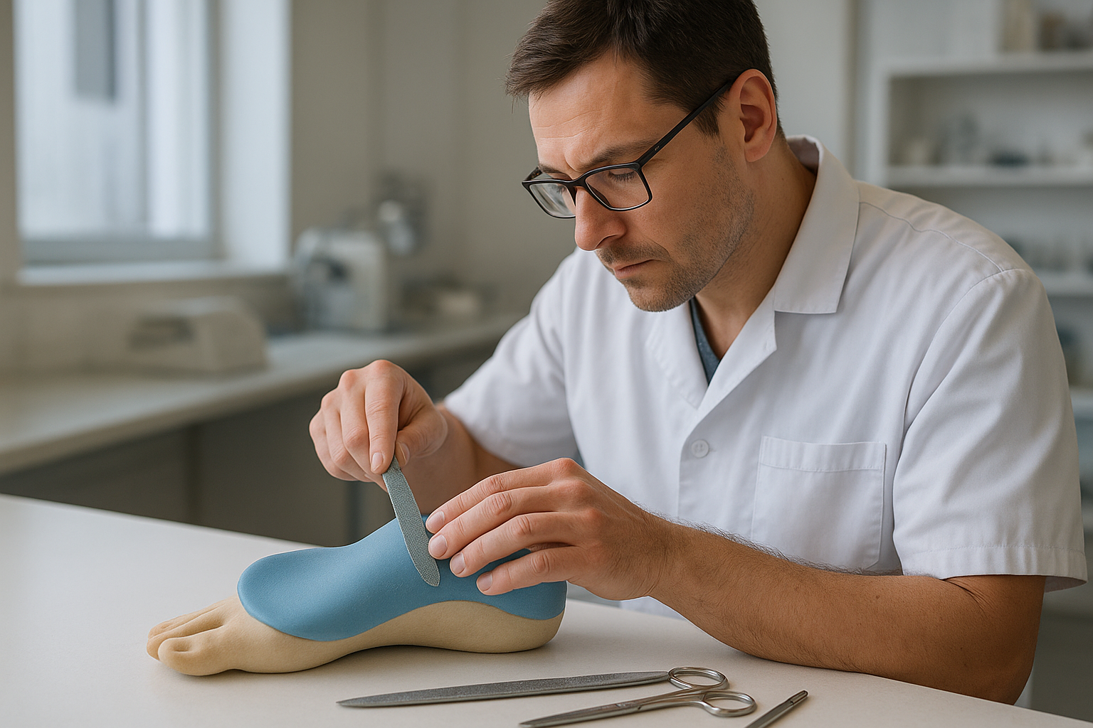 Podiatry technician molding a custom orthotic insole in a clinical workshop