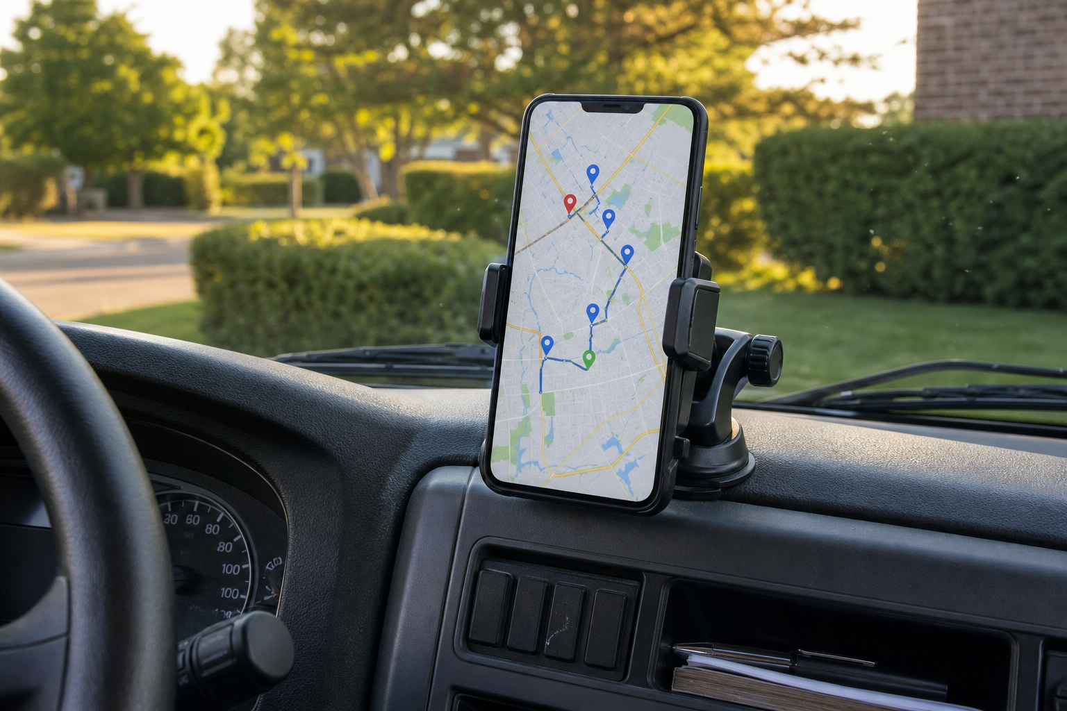 Phone mounted in a landscaping truck showing a mapped route from scheduling software