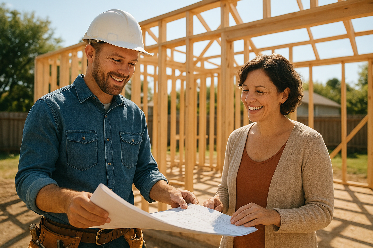 Contractor and homeowner reviewing ADU construction plans in a residential backyard
