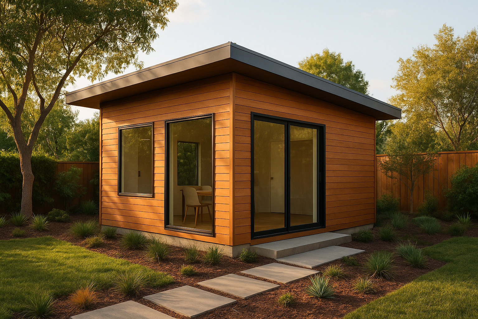 Detached ADU Culver City backyard unit with modern wood siding and large windows