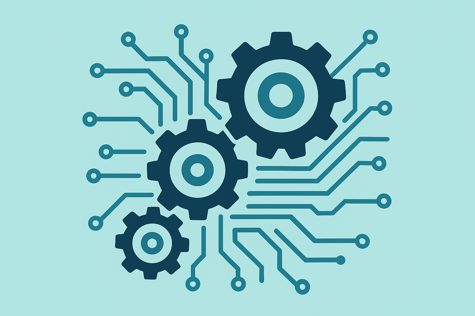 Interlocking gears and circuit lines illustrating automated SEO content optimization