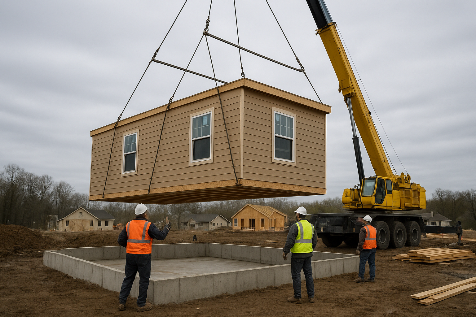 Crane installing a prefabricated home module onto a foundation at a construction site