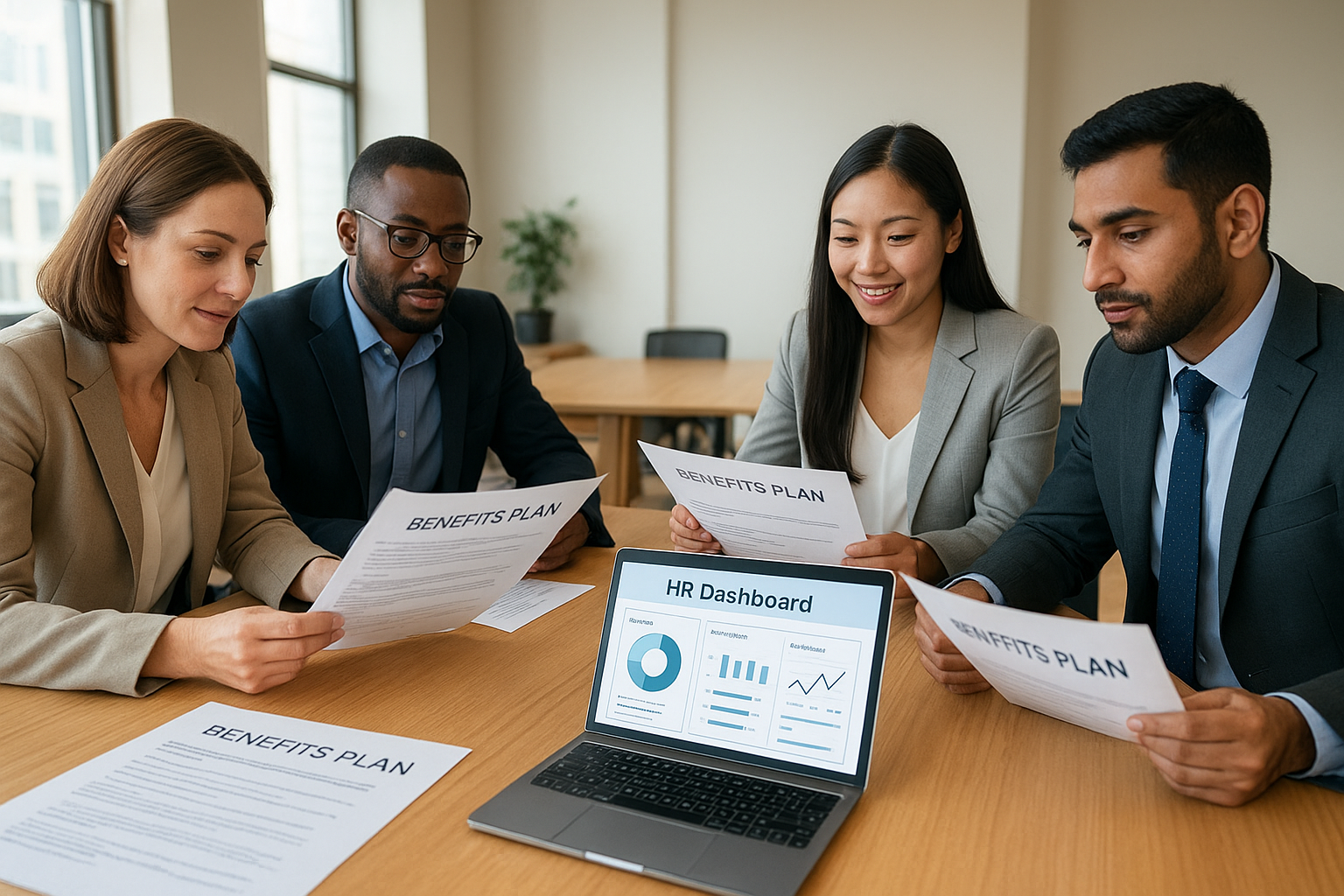 Business team reviewing employee benefits plans with a benefits outsourcing company representative