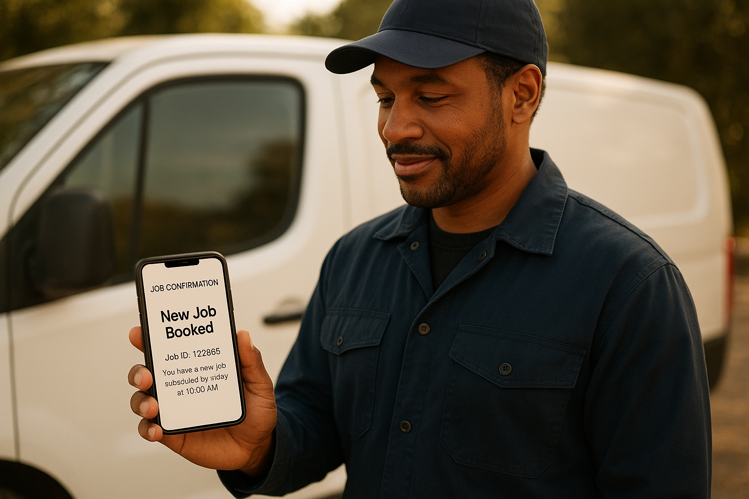 Technician viewing a job confirmation text after an AI receptionist booked the appointment automatically