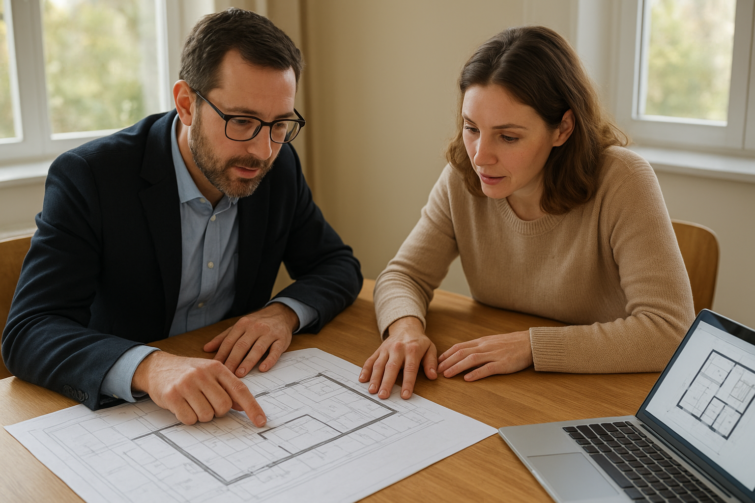 Homeowner and designer reviewing accessory dwelling unit floor plans during the ADU planning process
