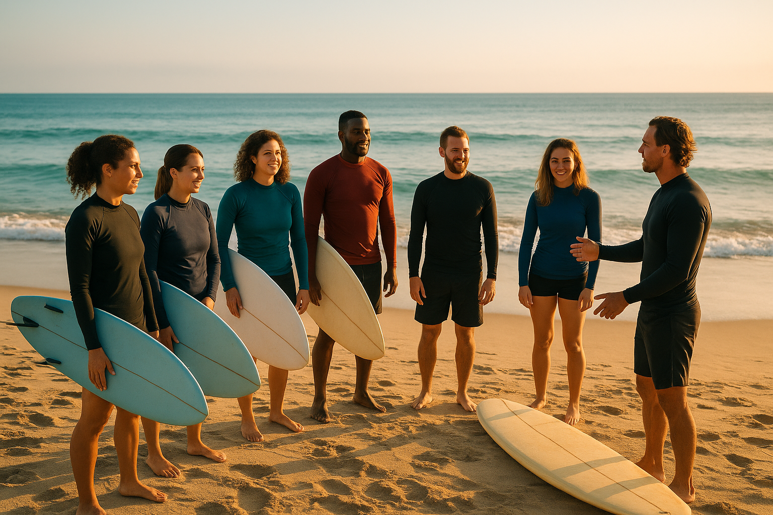 Corporate surf team building Oahu group learning proper board handling on the beach