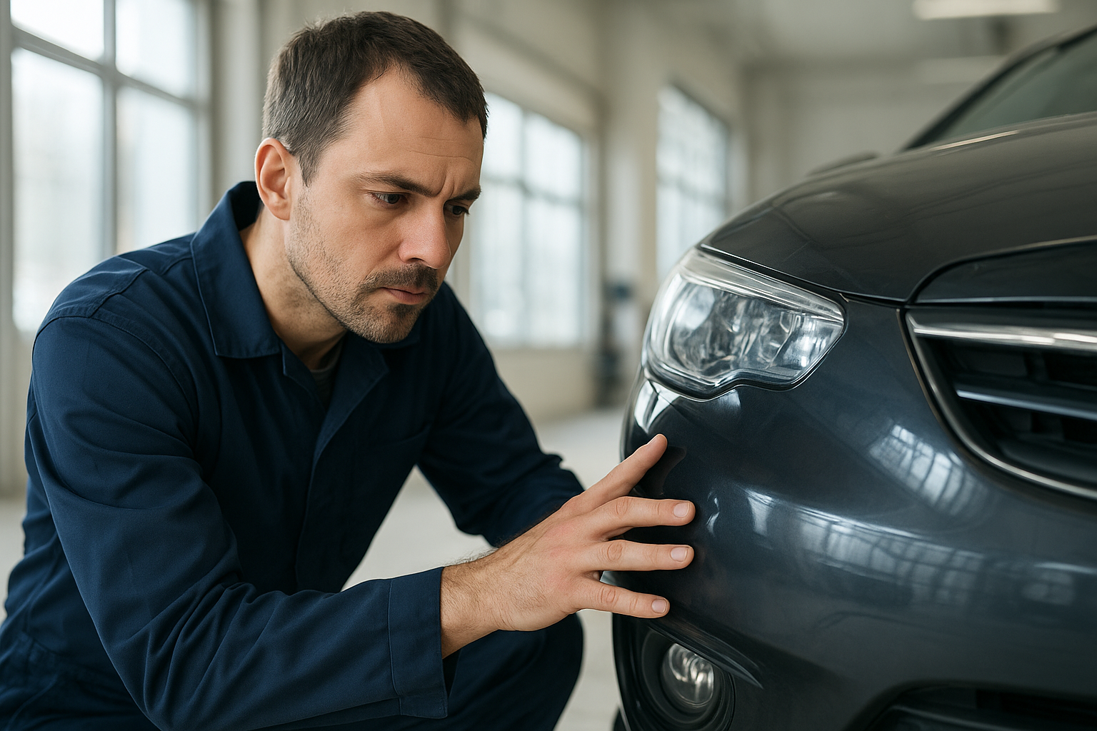 Technician inspecting minor collision repair Brea vehicle bumper damage