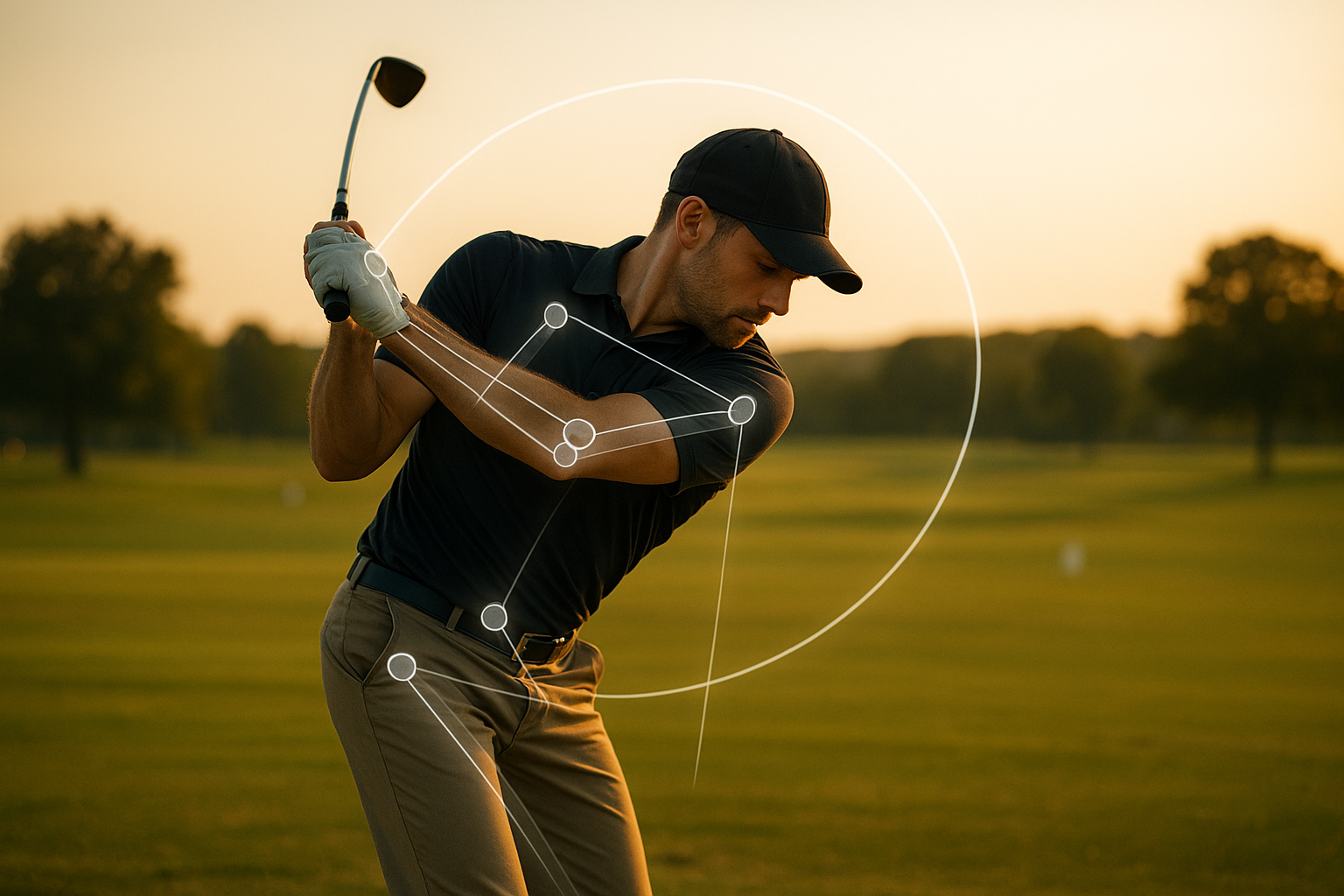 Golfer practicing swing mechanics as part of golf proficiency training with biomechanical overlay