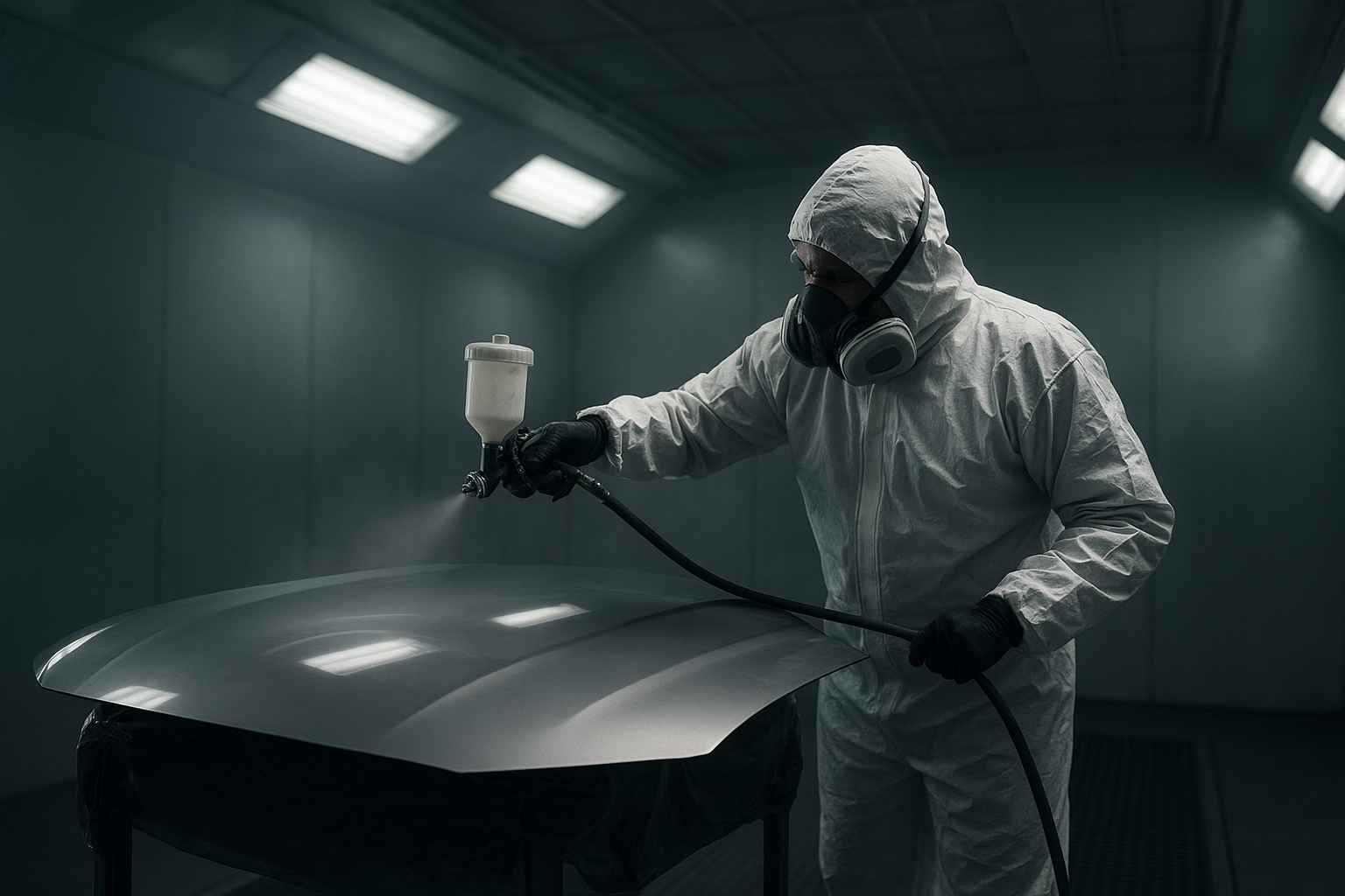 Technician applying clear coat during a custom auto body paint job in an Orange County shop
