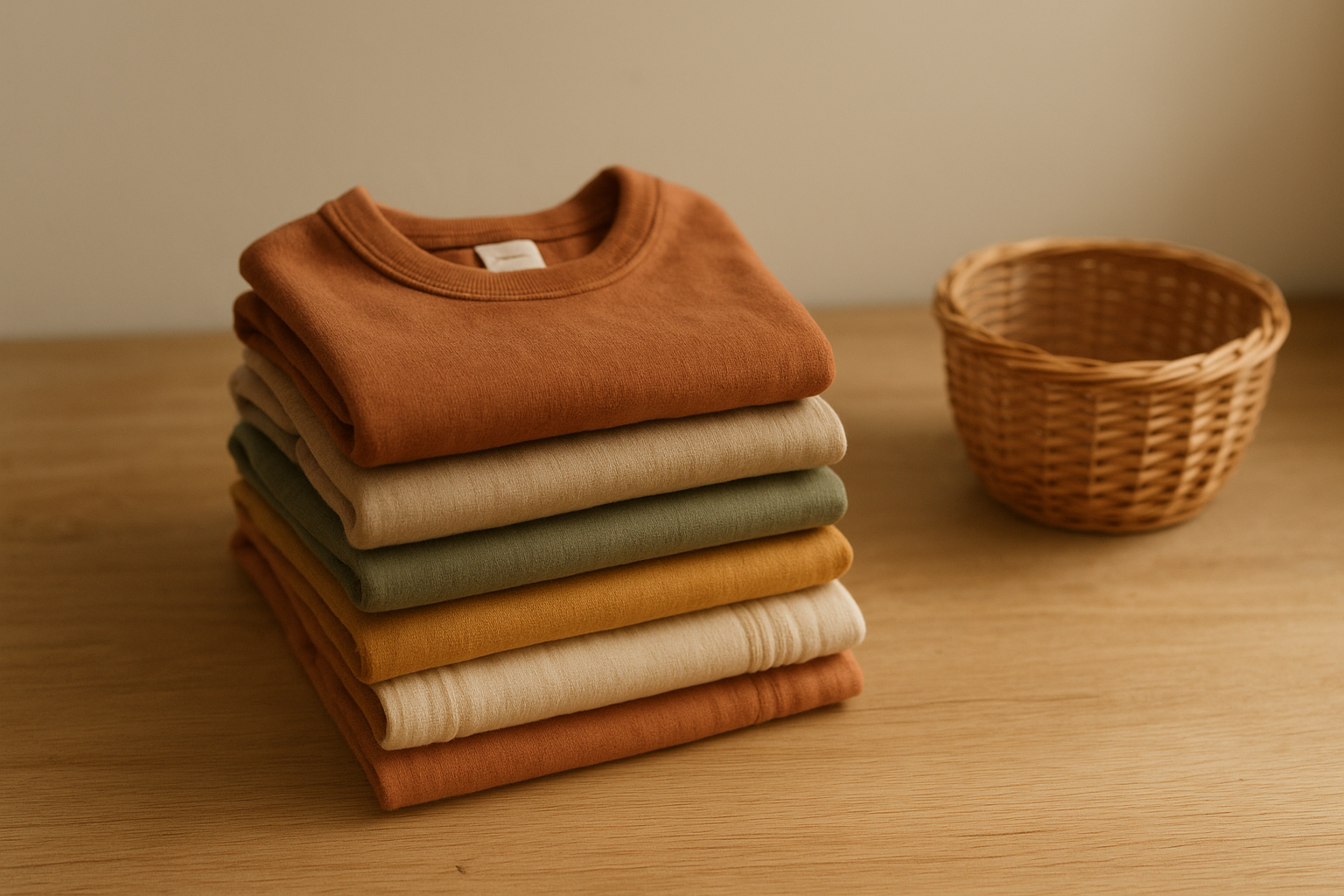Eco-conscious clothing rental for kids bundle of folded garments on a wooden surface