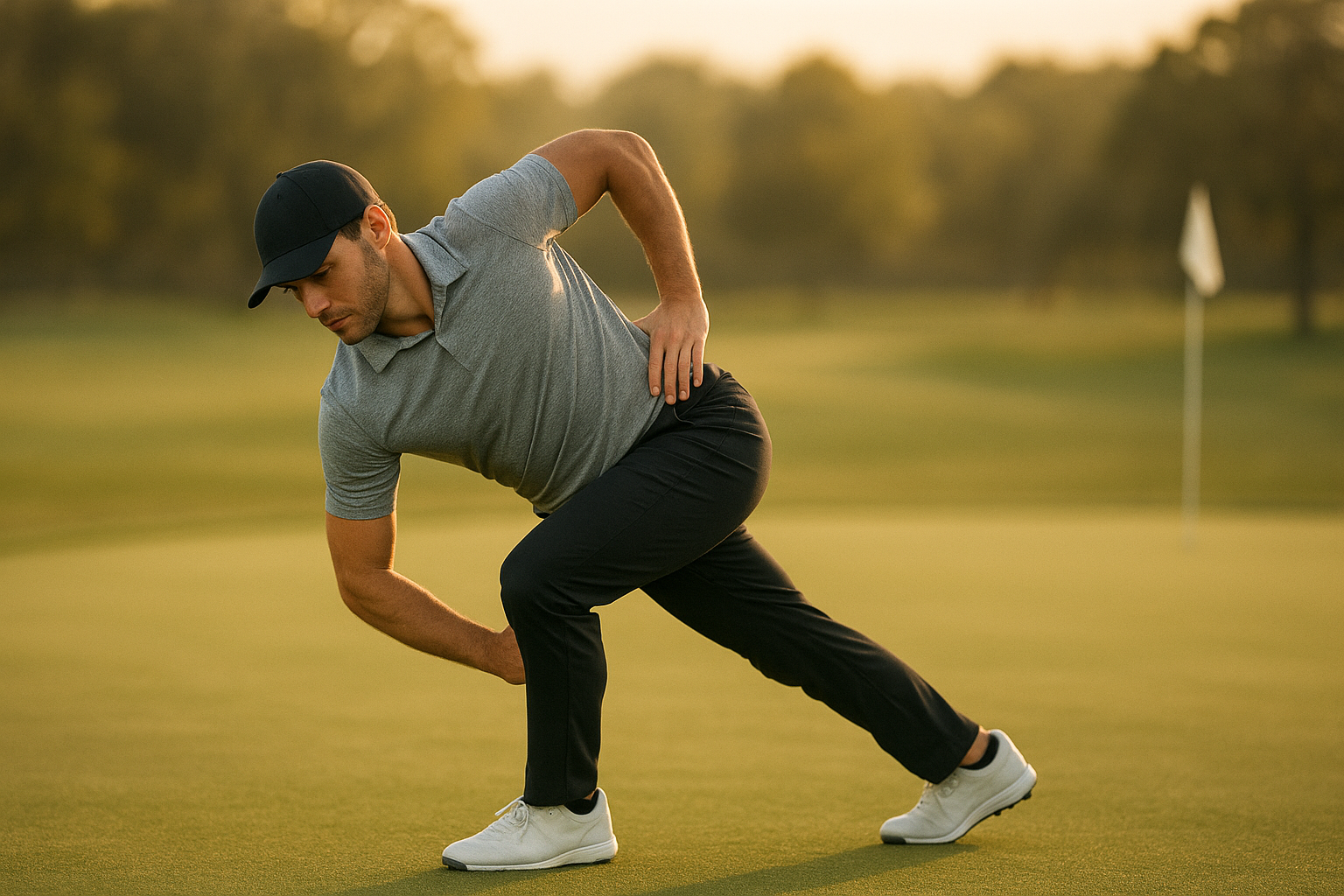 Golfer performing a dynamic warm-up stretch to prevent golf swing injuries