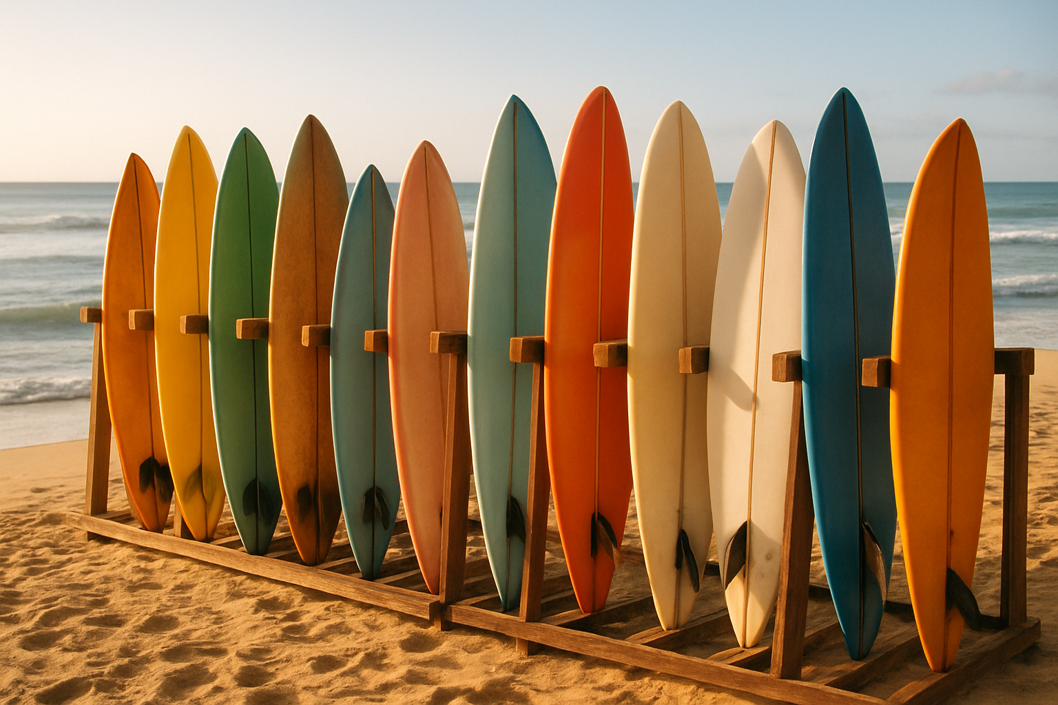 Colorful rental surfboards lined up on Waikiki Beach ready for renters