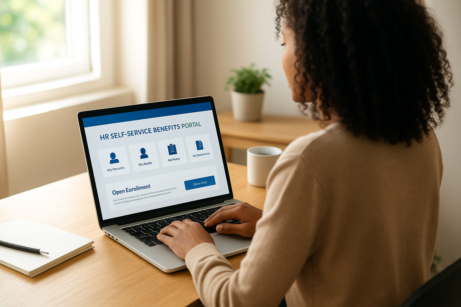 Employee accessing self-service benefits portal provided by outsourced HR benefits company