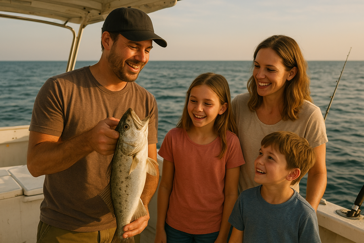 Family celebrating a catch during a private offshore fishing charter near North Myrtle Beach