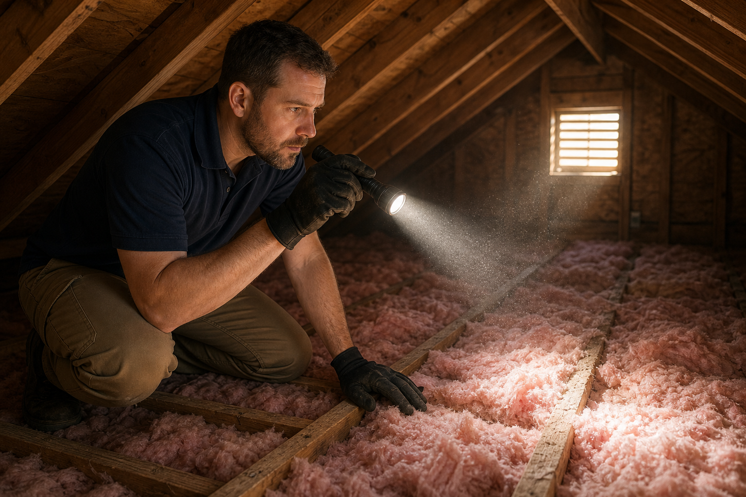 Home inspector performing attic inspection services by checking insulation with a flashlight