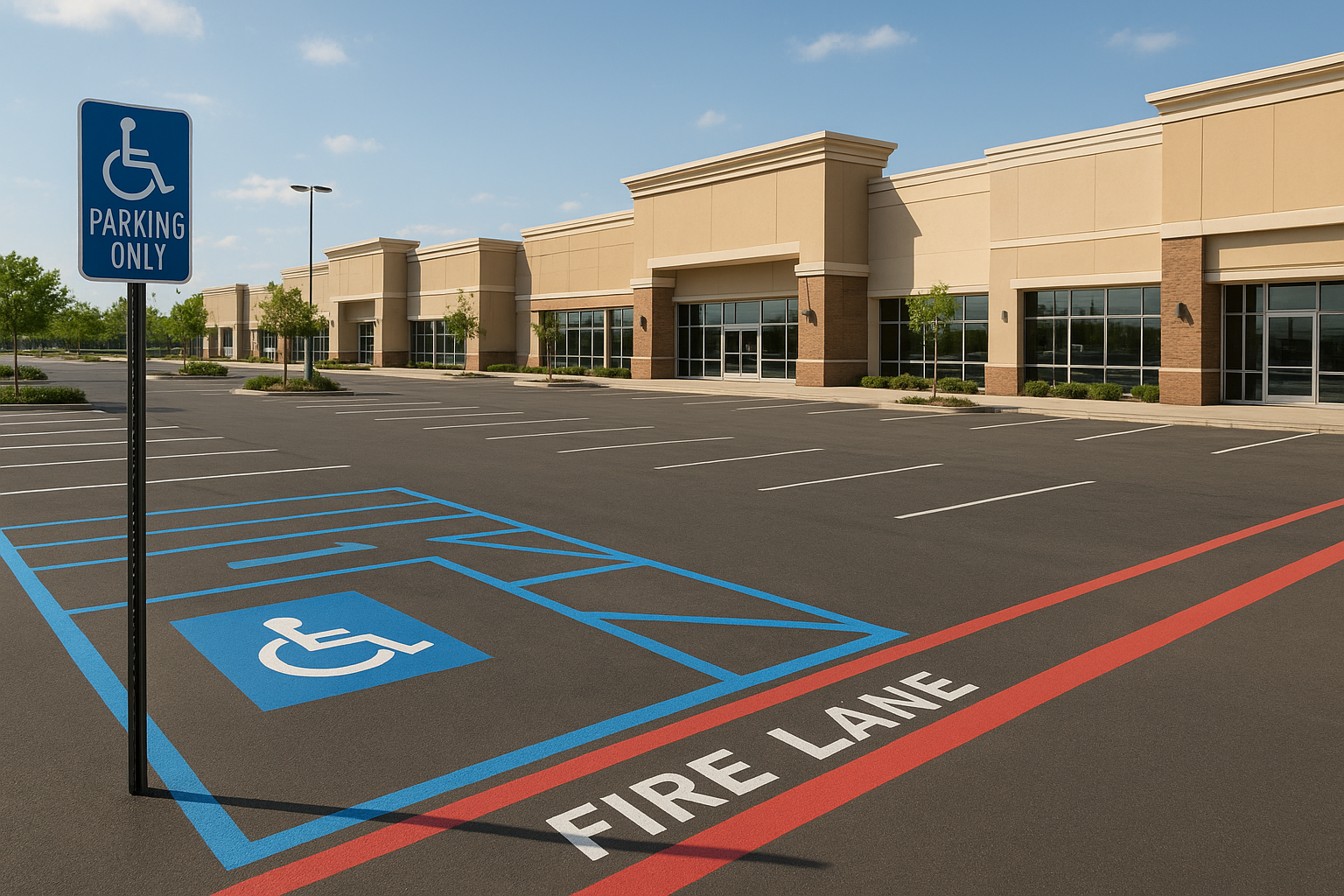 ADA compliant parking signs and fire lane markings outside a Denton retail center