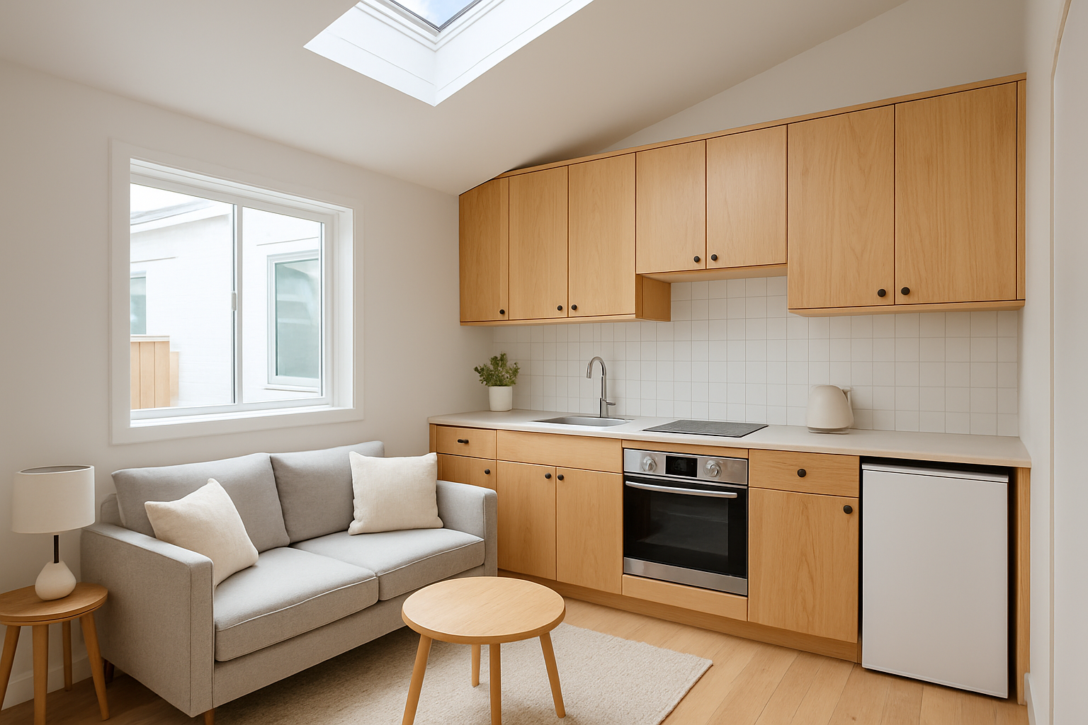 Bright garage conversion interior with kitchenette used as a granny flat living space