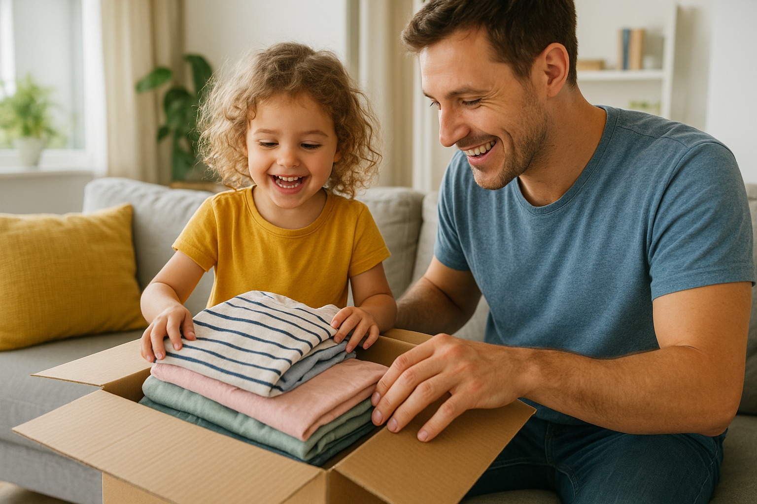 Parent and toddler unpacking a curated kids clothing rental box at home