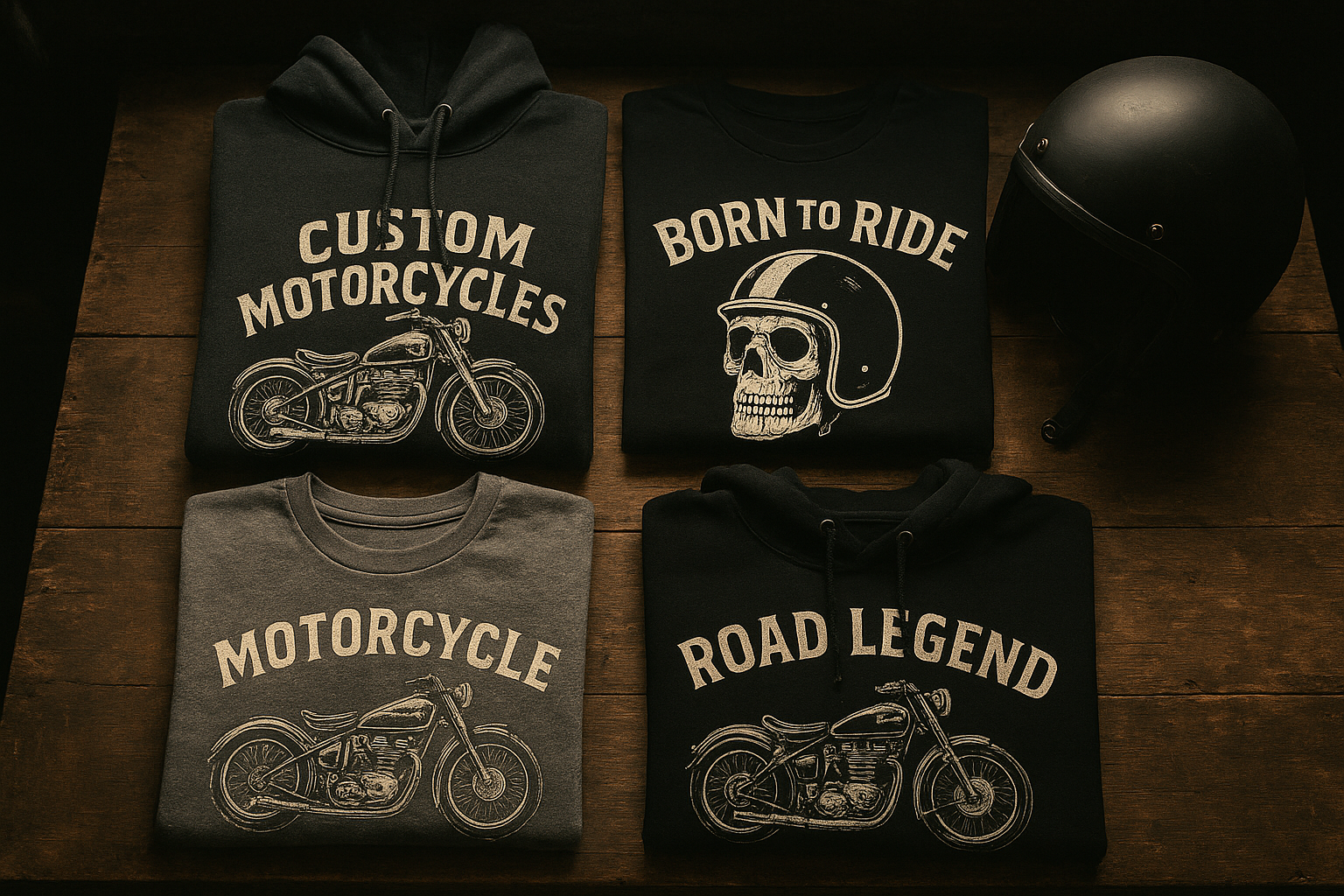 Folded custom motorcycle apparel hoodies and t-shirts with vintage biker graphics on a workbench