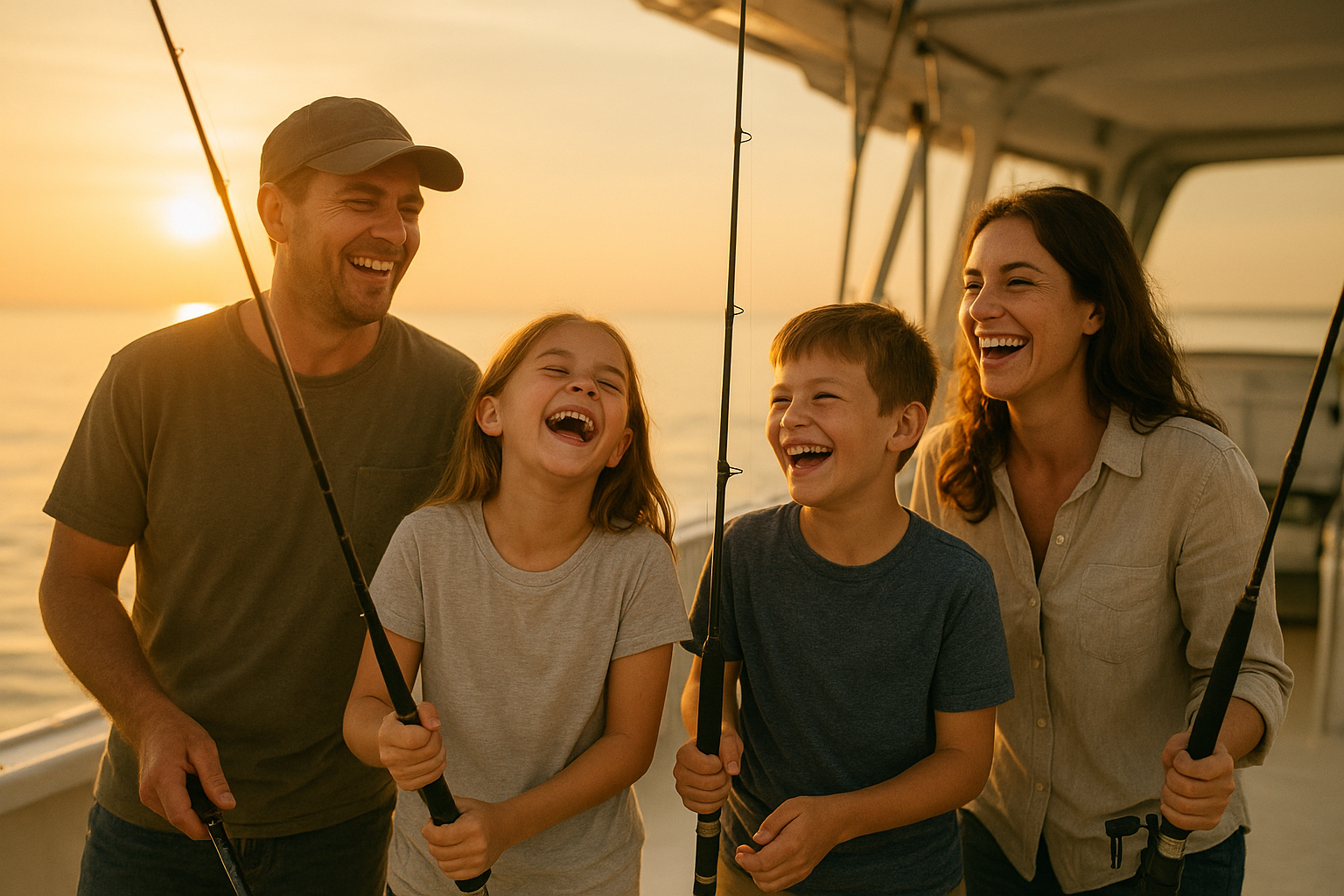 Family enjoying a shark fishing Myrtle Beach family charter trip aboard a private boat